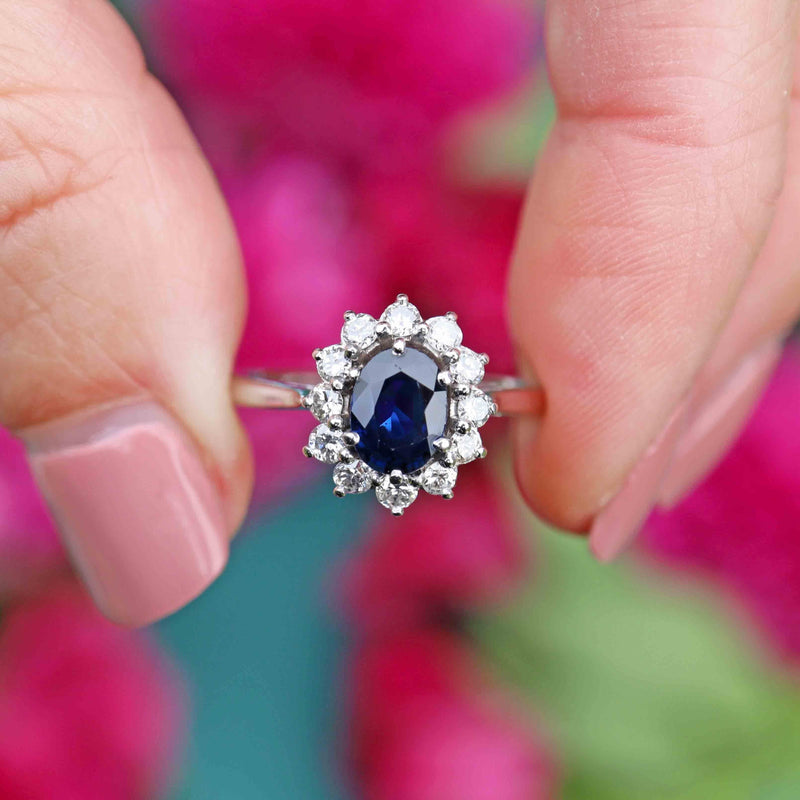Ellibelle Jewellery Vintage Sapphire & Diamond 18ct White Gold Cluster Ring (0.70cts)