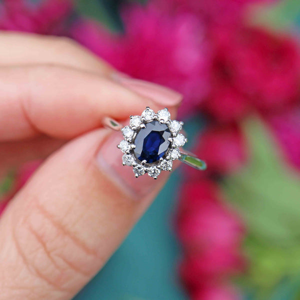 Ellibelle Jewellery Vintage Sapphire & Diamond 18ct White Gold Cluster Ring (0.70cts)