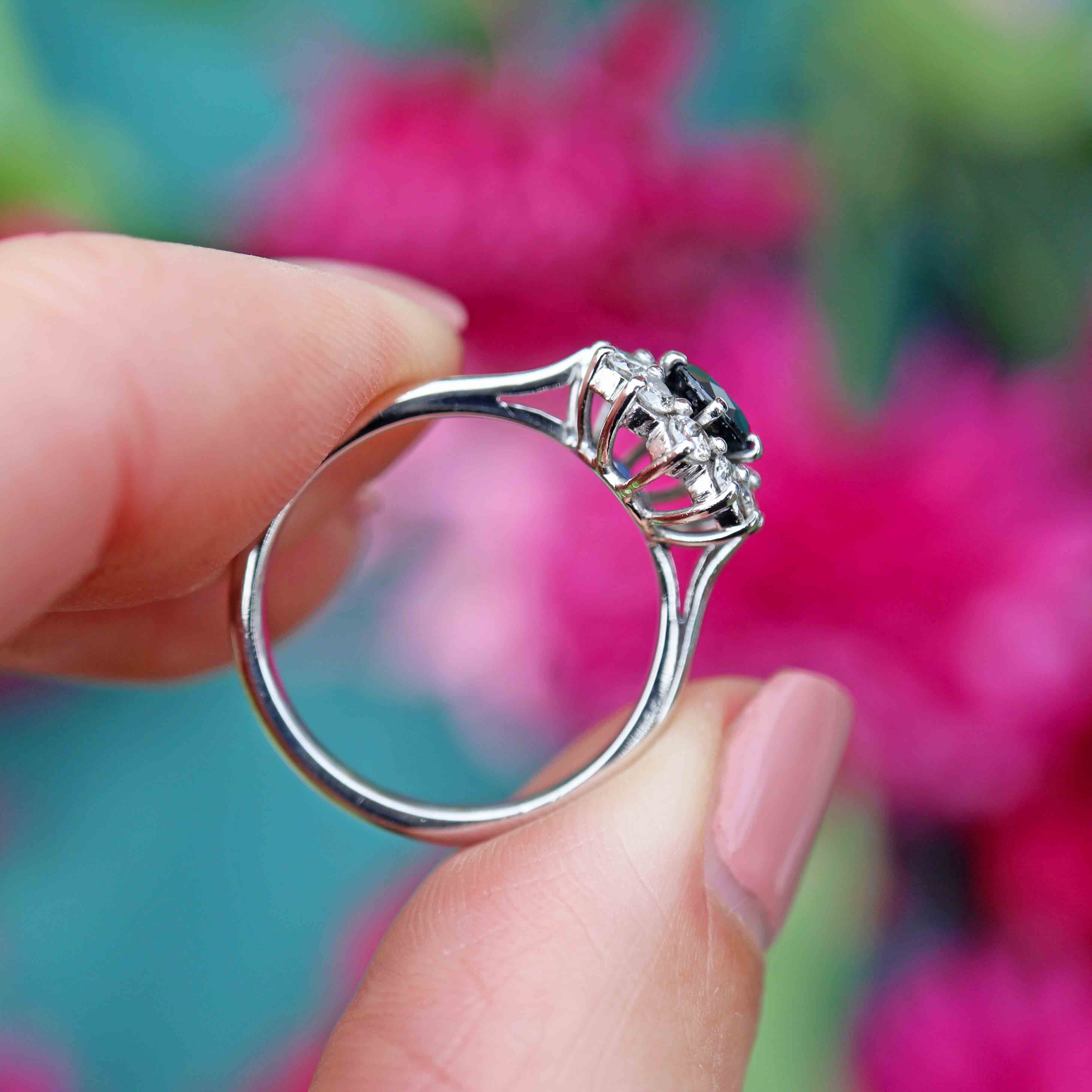 Ellibelle Jewellery Vintage Sapphire & Diamond 18ct White Gold Cluster Ring (0.70cts)