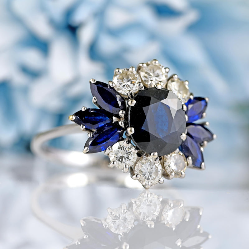 Ellibelle Jewellery Vintage Sapphire & Diamond 18ct White Gold Cluster Ring