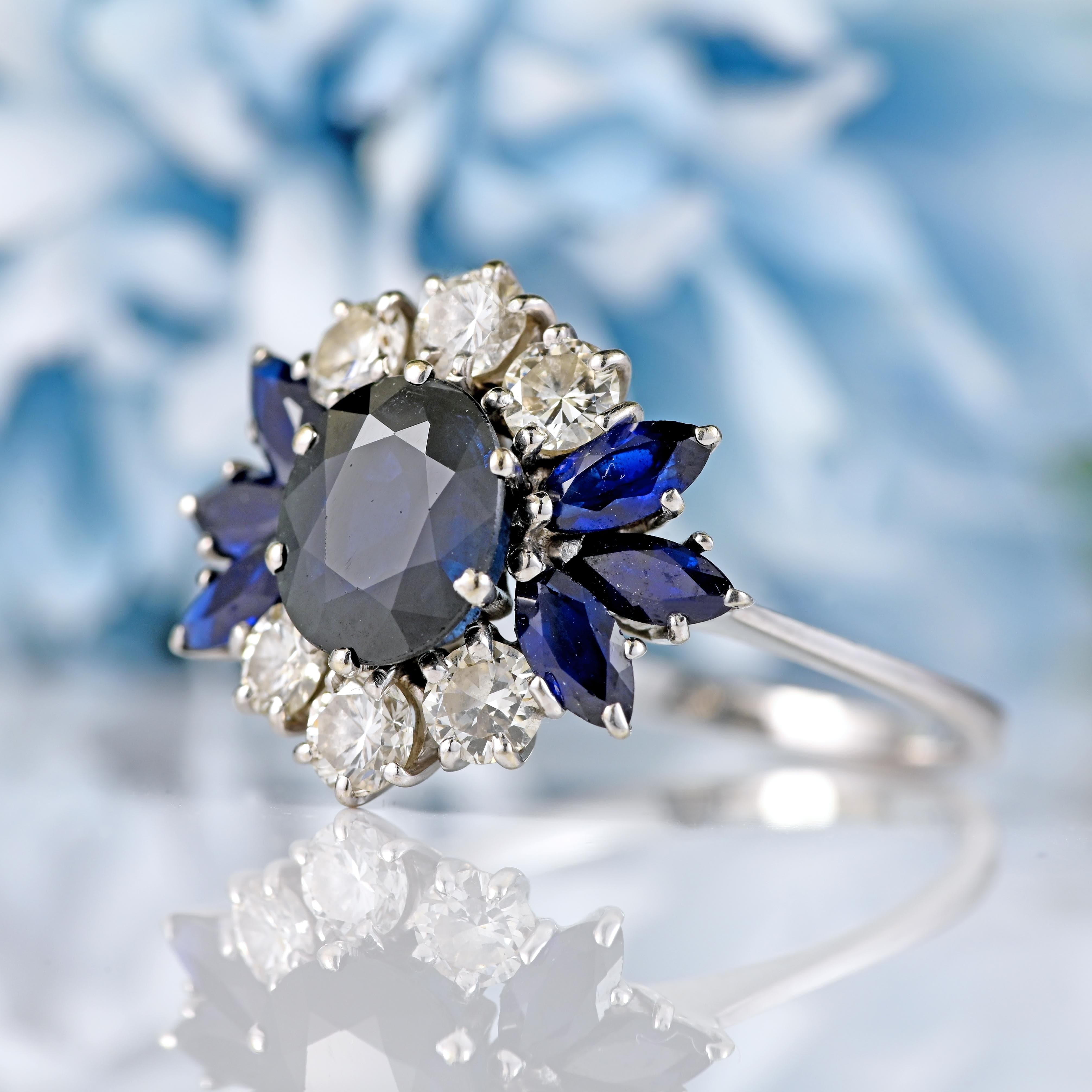 Ellibelle Jewellery Vintage Sapphire & Diamond 18ct White Gold Cluster Ring