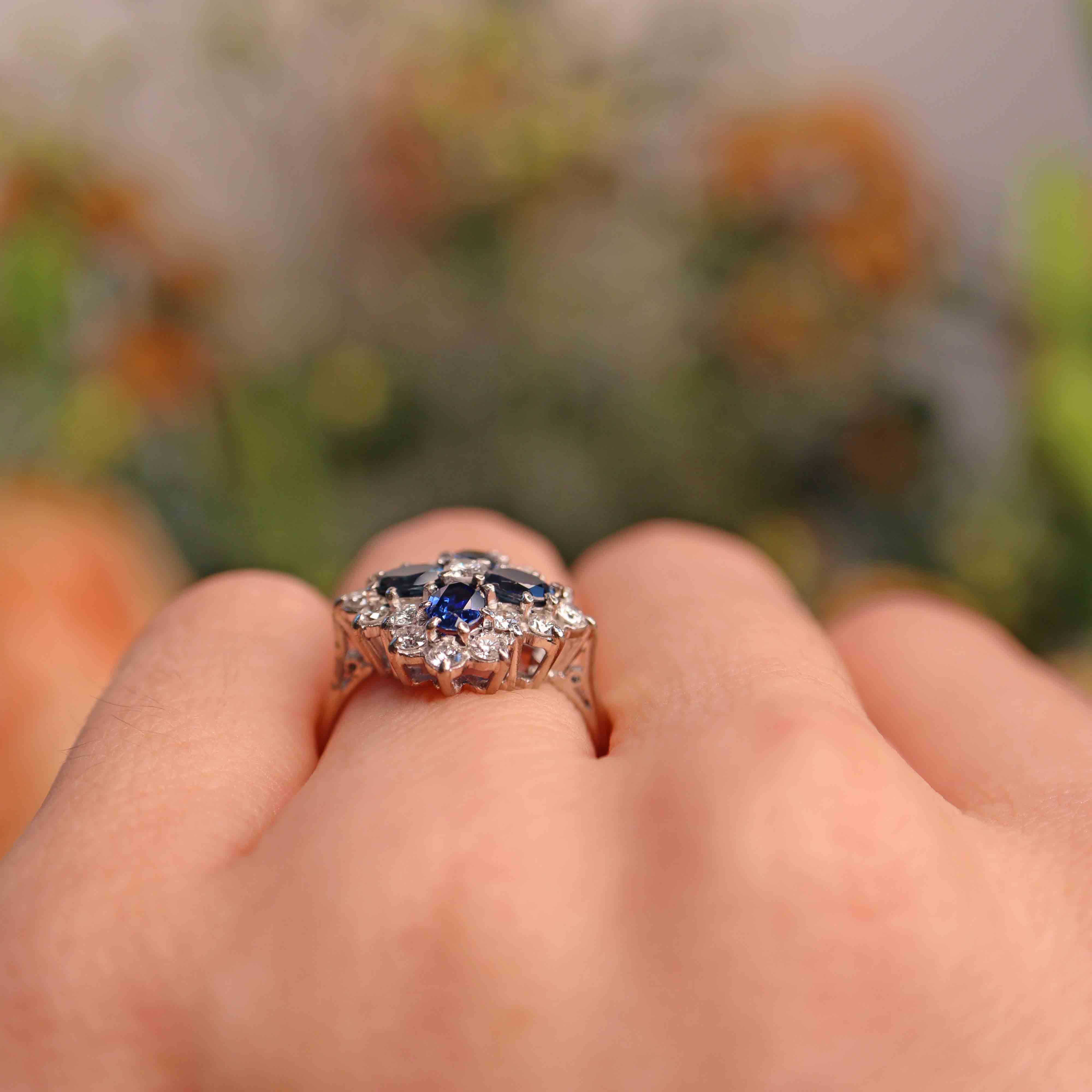 Ellibelle Jewellery Vintage Sapphire & Diamond 18ct White Gold Cluster Ring