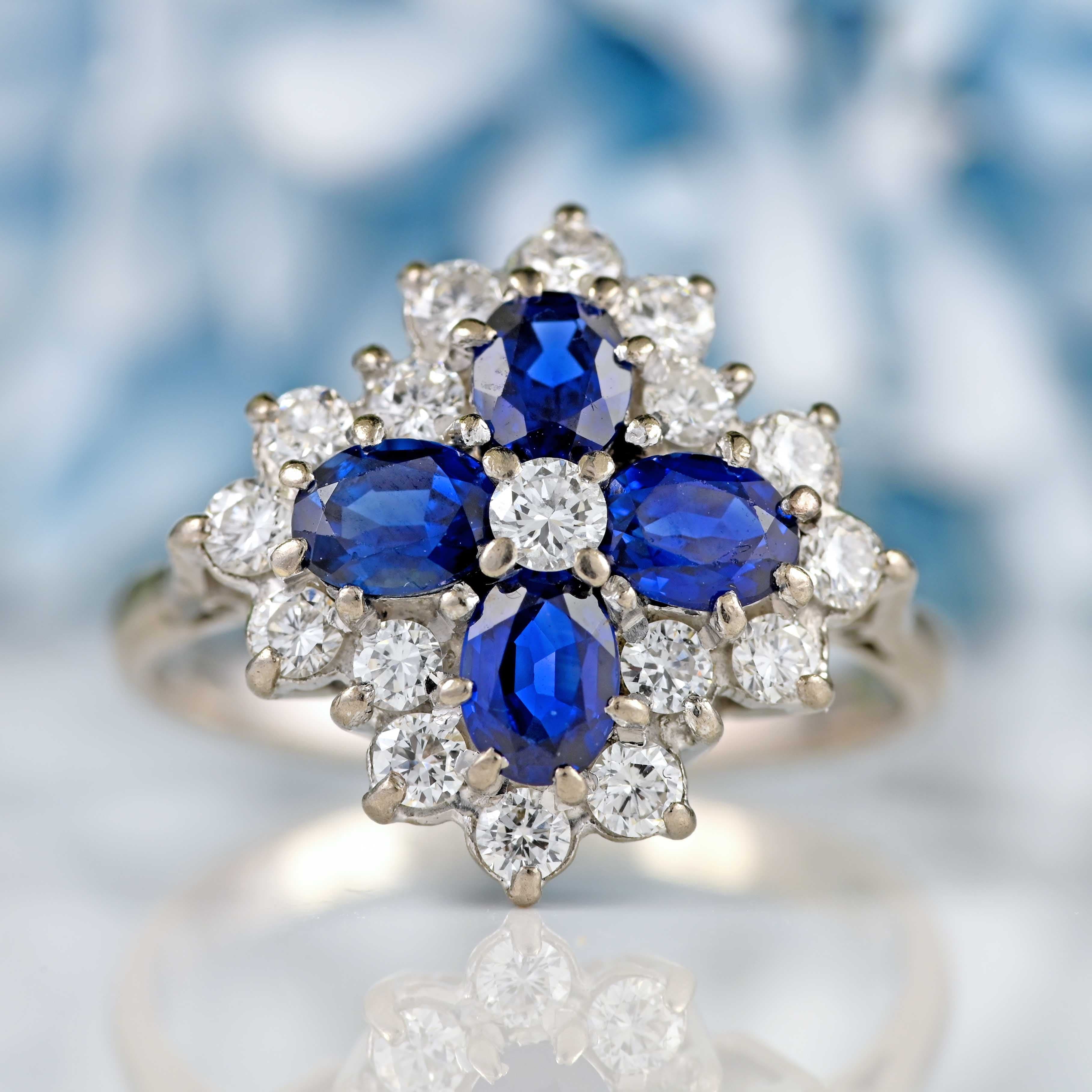 Ellibelle Jewellery Vintage Sapphire & Diamond 18ct White Gold Cluster Ring