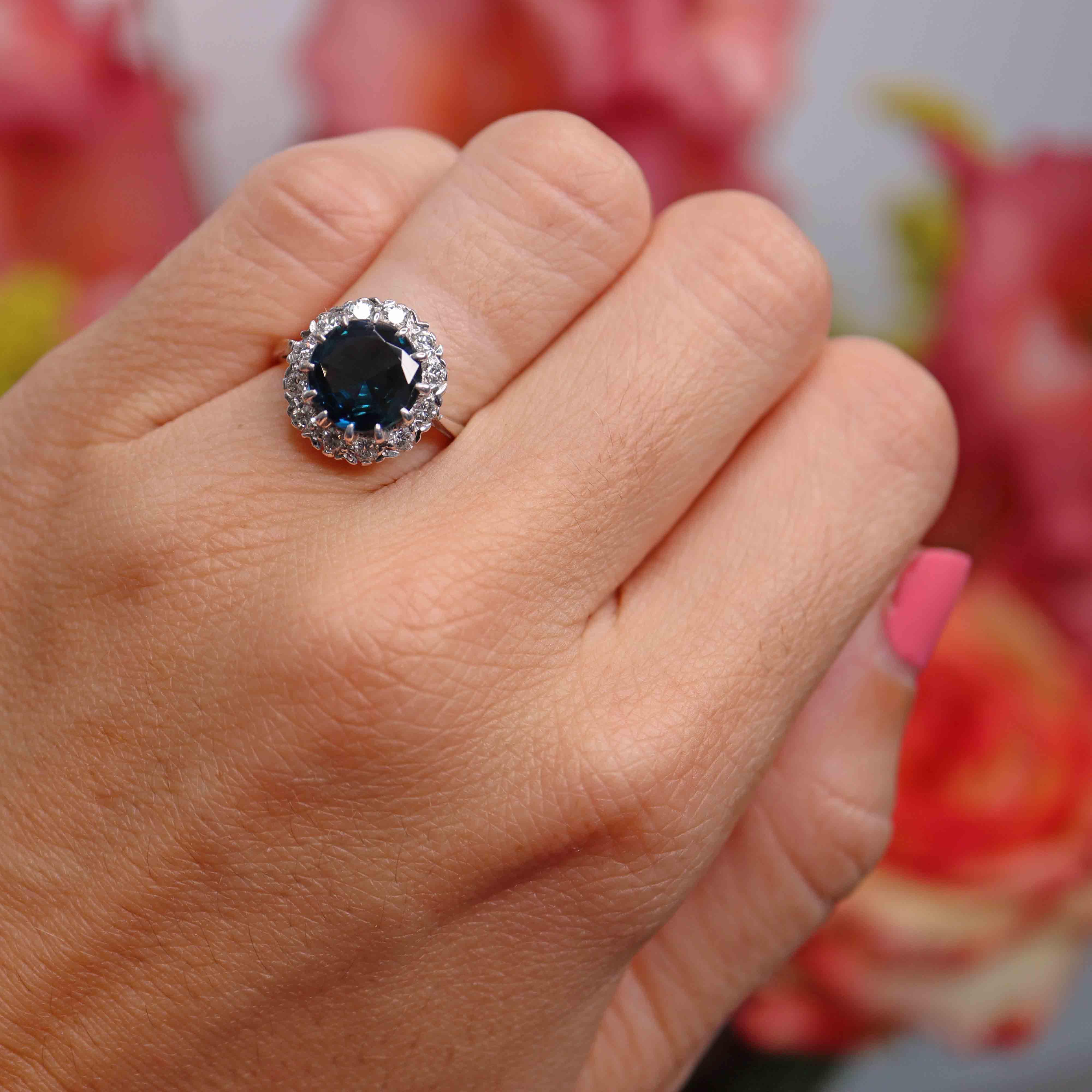 Ellibelle Jewellery Vintage Sapphire & Diamond 18ct White Gold Halo Cluster Ring
