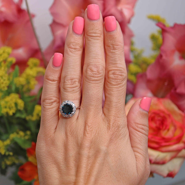Ellibelle Jewellery Vintage Sapphire & Diamond 18ct White Gold Halo Cluster Ring