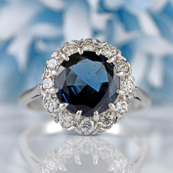 Ellibelle Jewellery Vintage Sapphire & Diamond 18ct White Gold Halo Cluster Ring