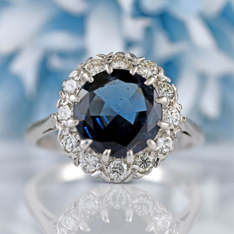 Ellibelle Jewellery Vintage Sapphire & Diamond 18ct White Gold Halo Cluster Ring