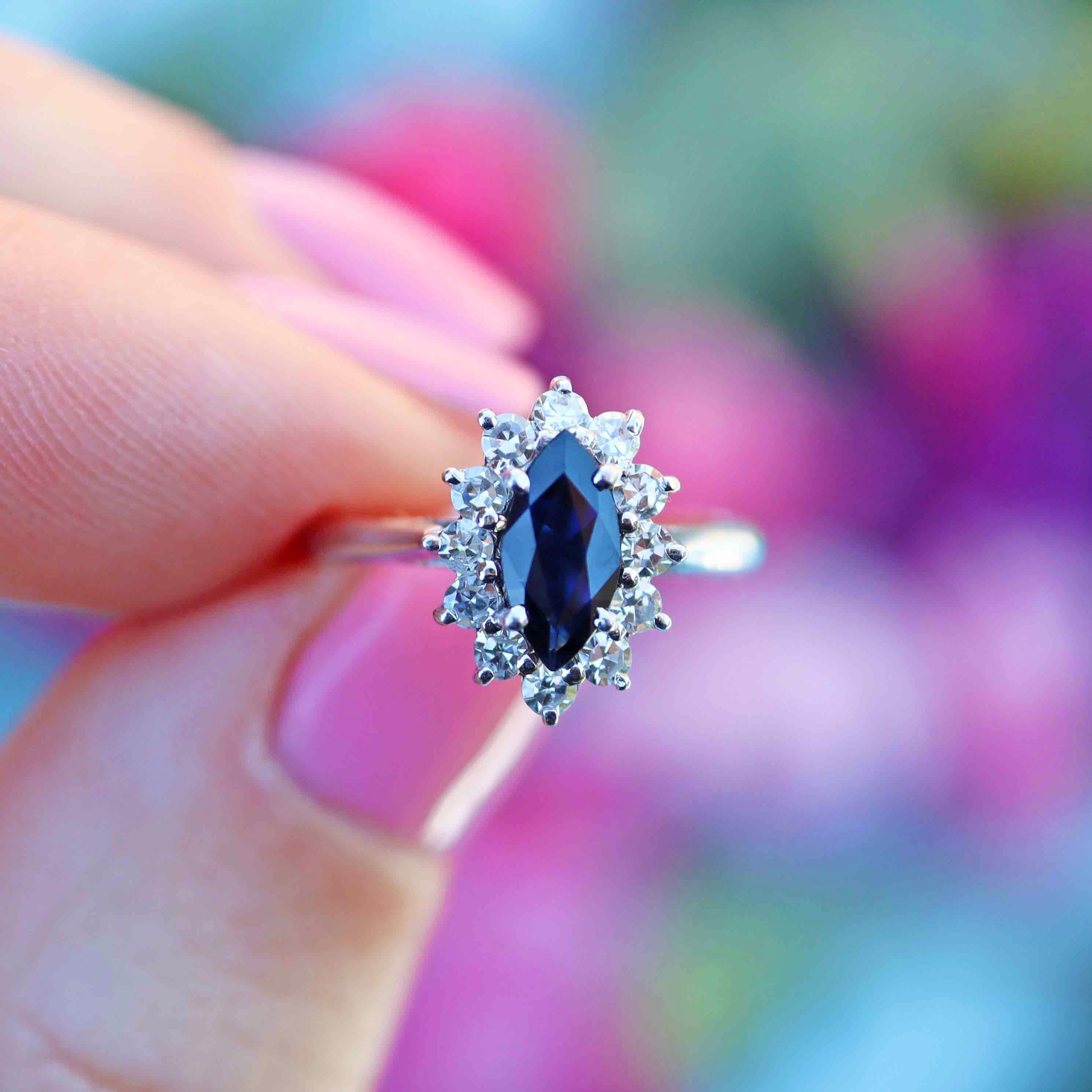 Ellibelle Jewellery Vintage Sapphire & Diamond 18ct White Gold Marquise Cluster Ring (0.60cts)