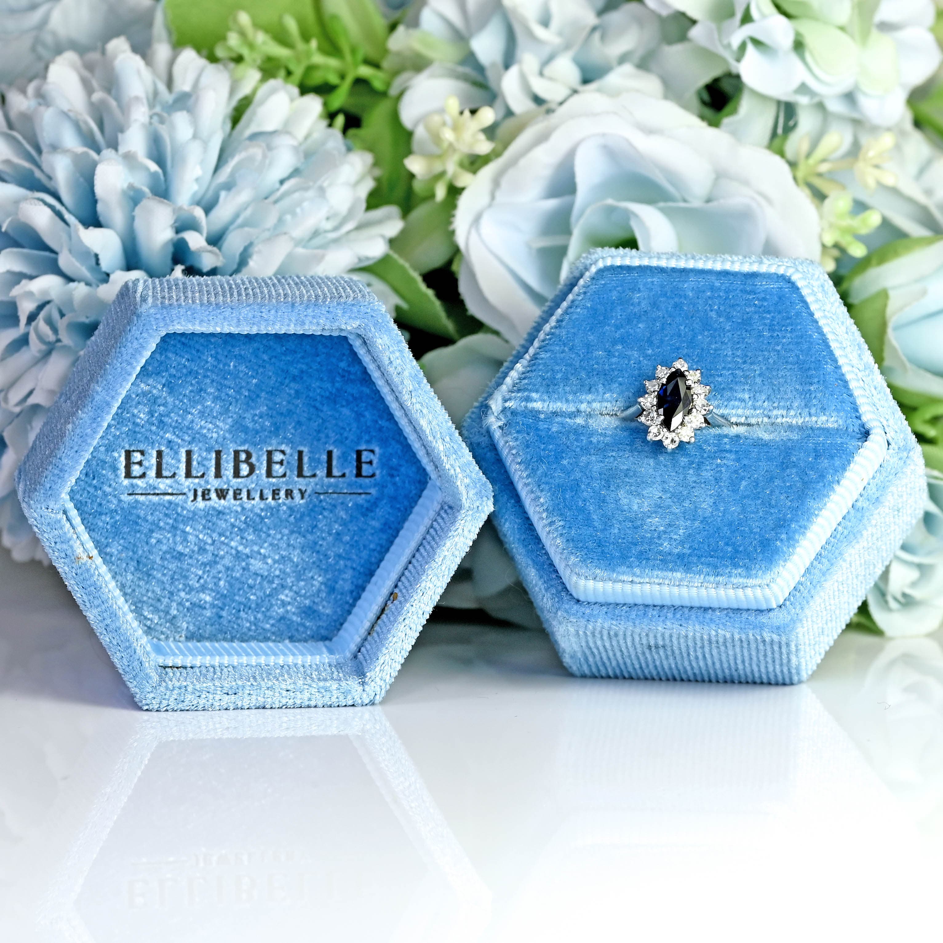 Ellibelle Jewellery Vintage Sapphire & Diamond 18ct White Gold Marquise Cluster Ring (0.60cts)