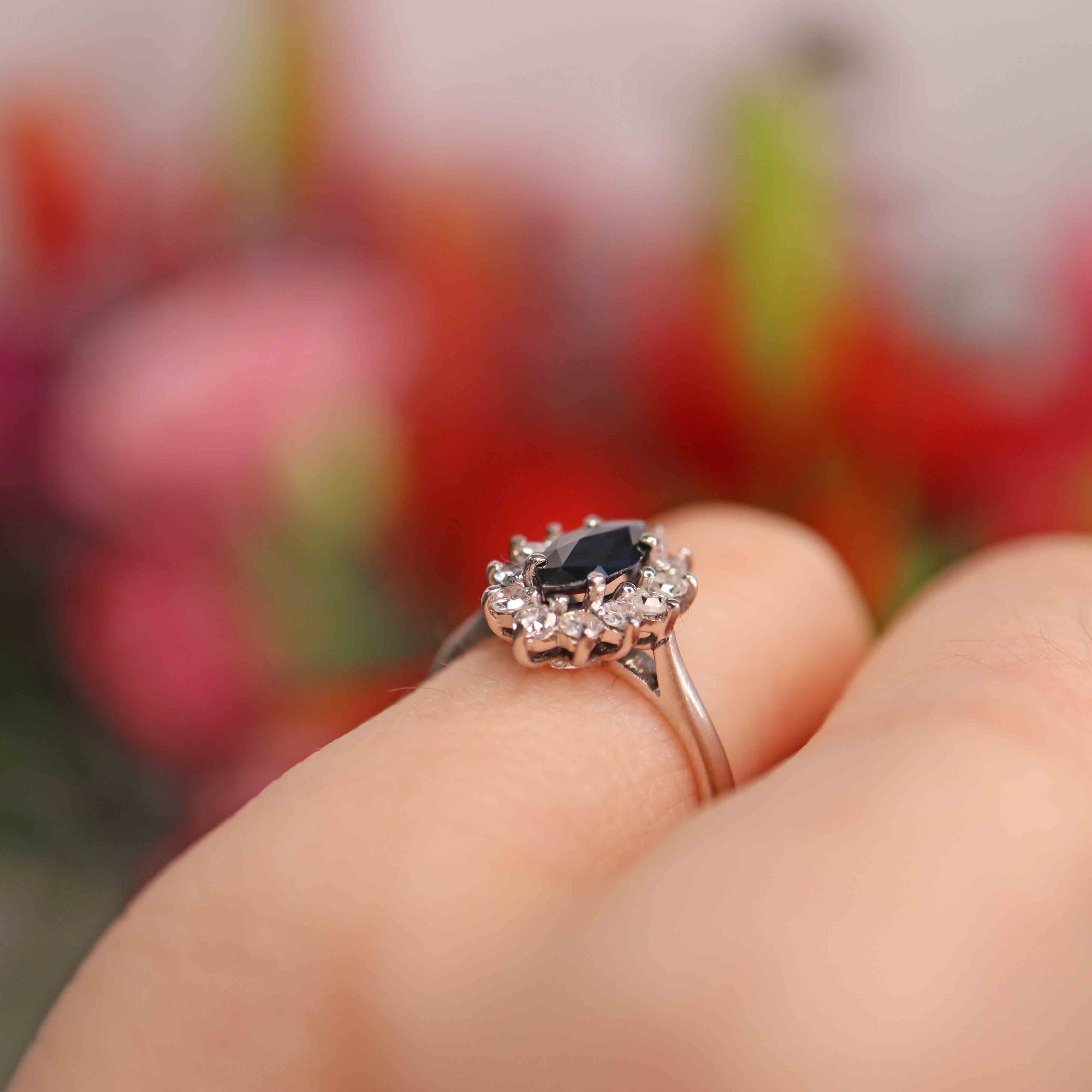 Ellibelle Jewellery Vintage Sapphire & Diamond 18ct White Gold Marquise Cluster Ring (0.60cts)