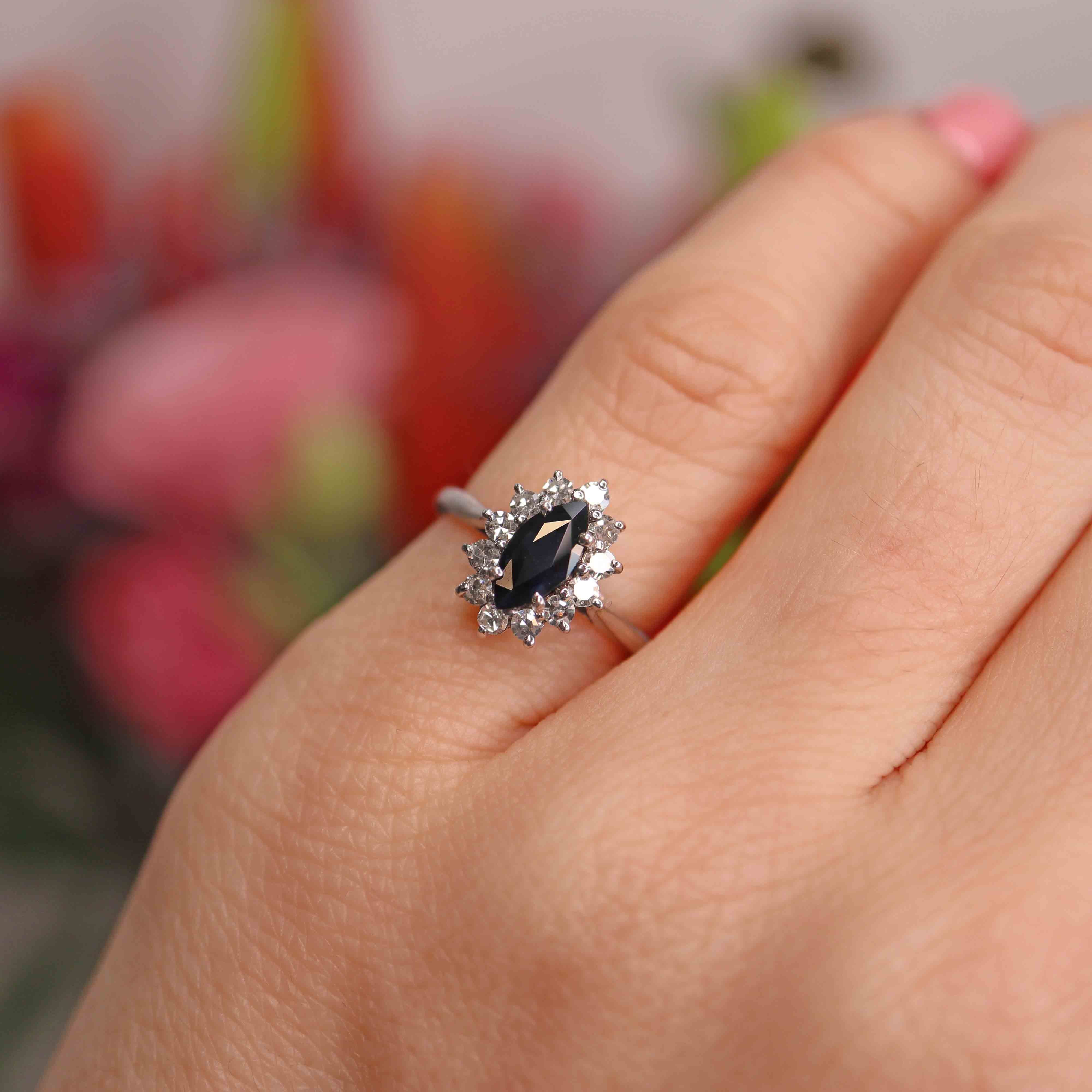 Ellibelle Jewellery Vintage Sapphire & Diamond 18ct White Gold Marquise Cluster Ring (0.60cts)