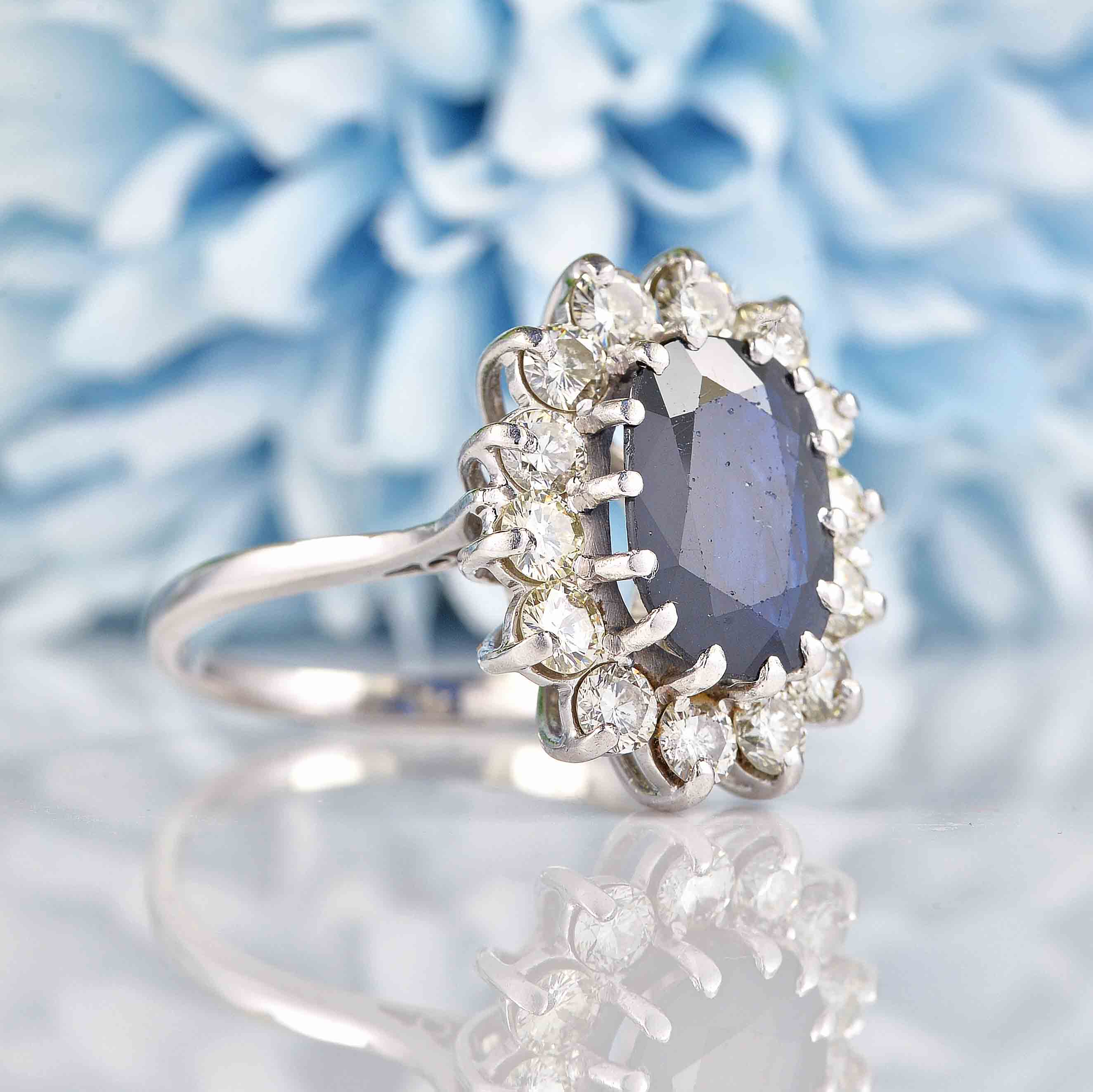 Ellibelle Jewellery Vintage Sapphire & Diamond 18ct White Gold Oval Cluster Ring