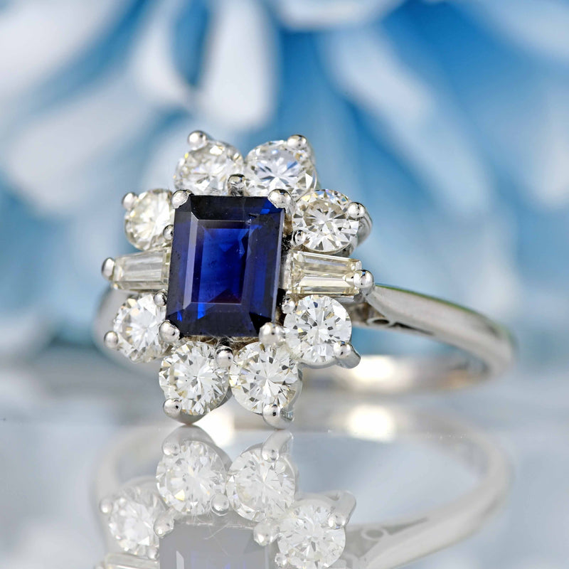 Ellibelle Jewellery Vintage Sapphire & Diamond 18ct White Gold Platinum Cluster Ring