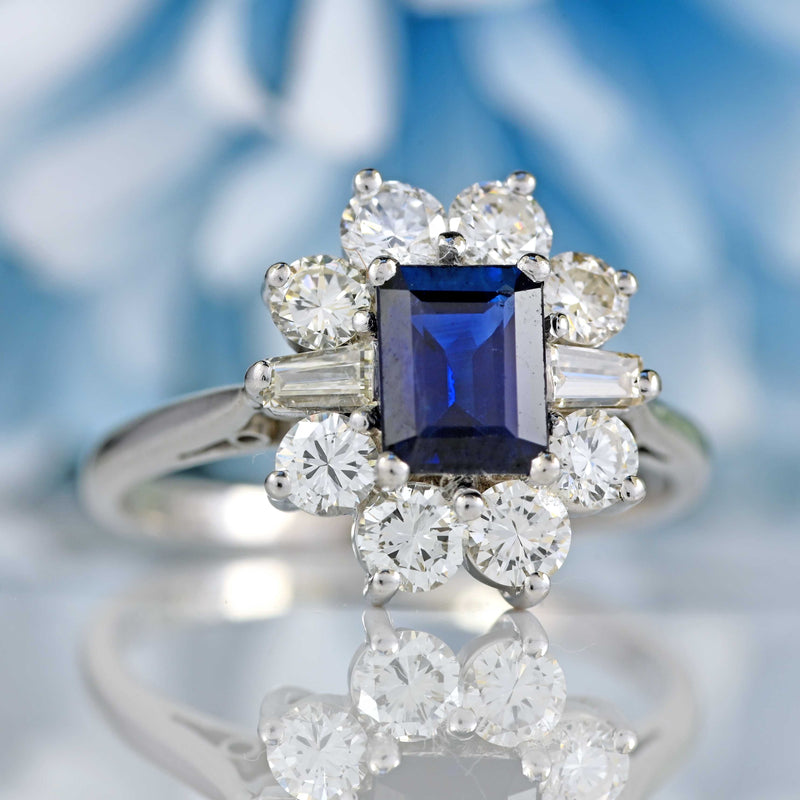 Ellibelle Jewellery Vintage Sapphire & Diamond 18ct White Gold Platinum Cluster Ring