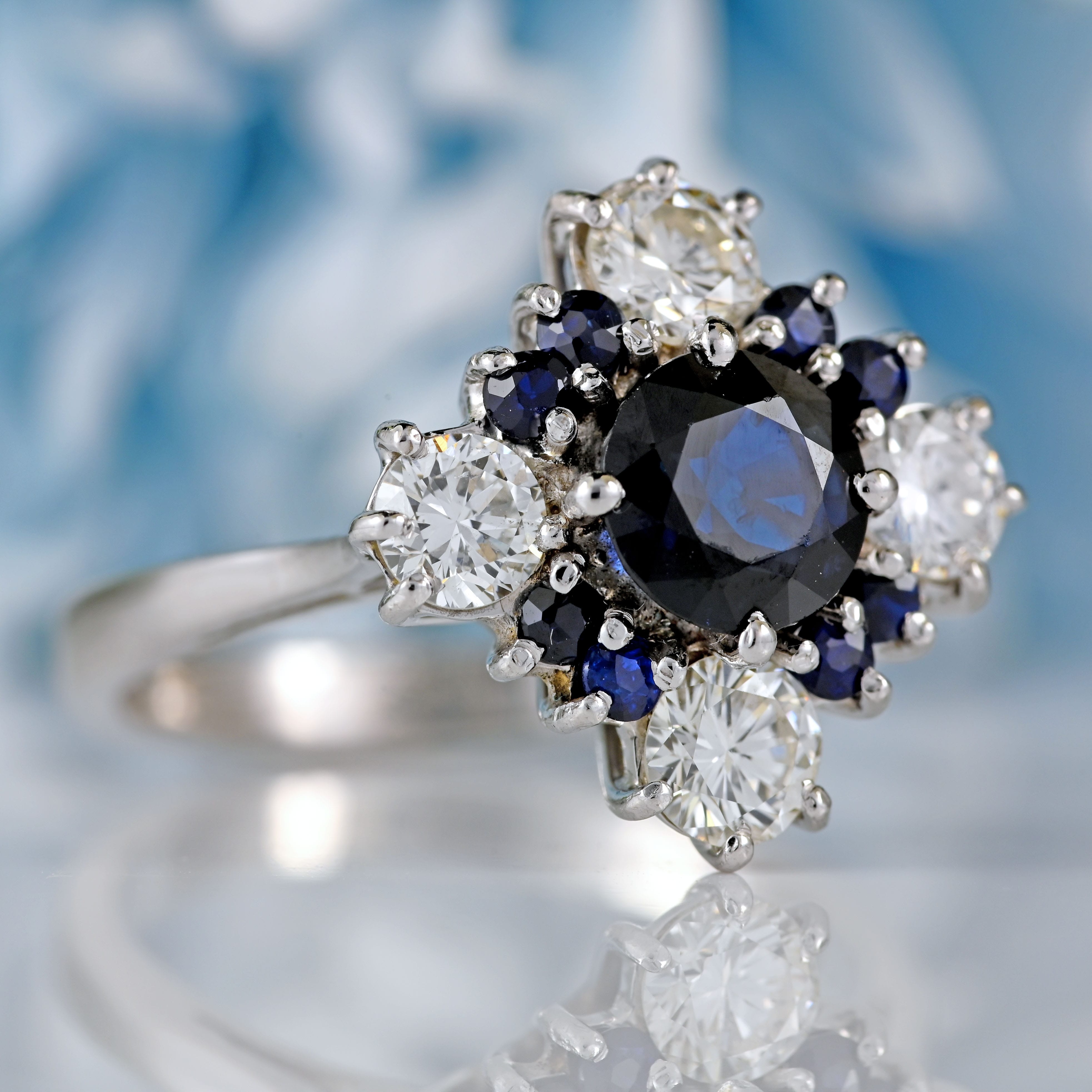 Ellibelle Jewellery Vintage Sapphire & Diamond 18ct White Gold Star Cluster Ring