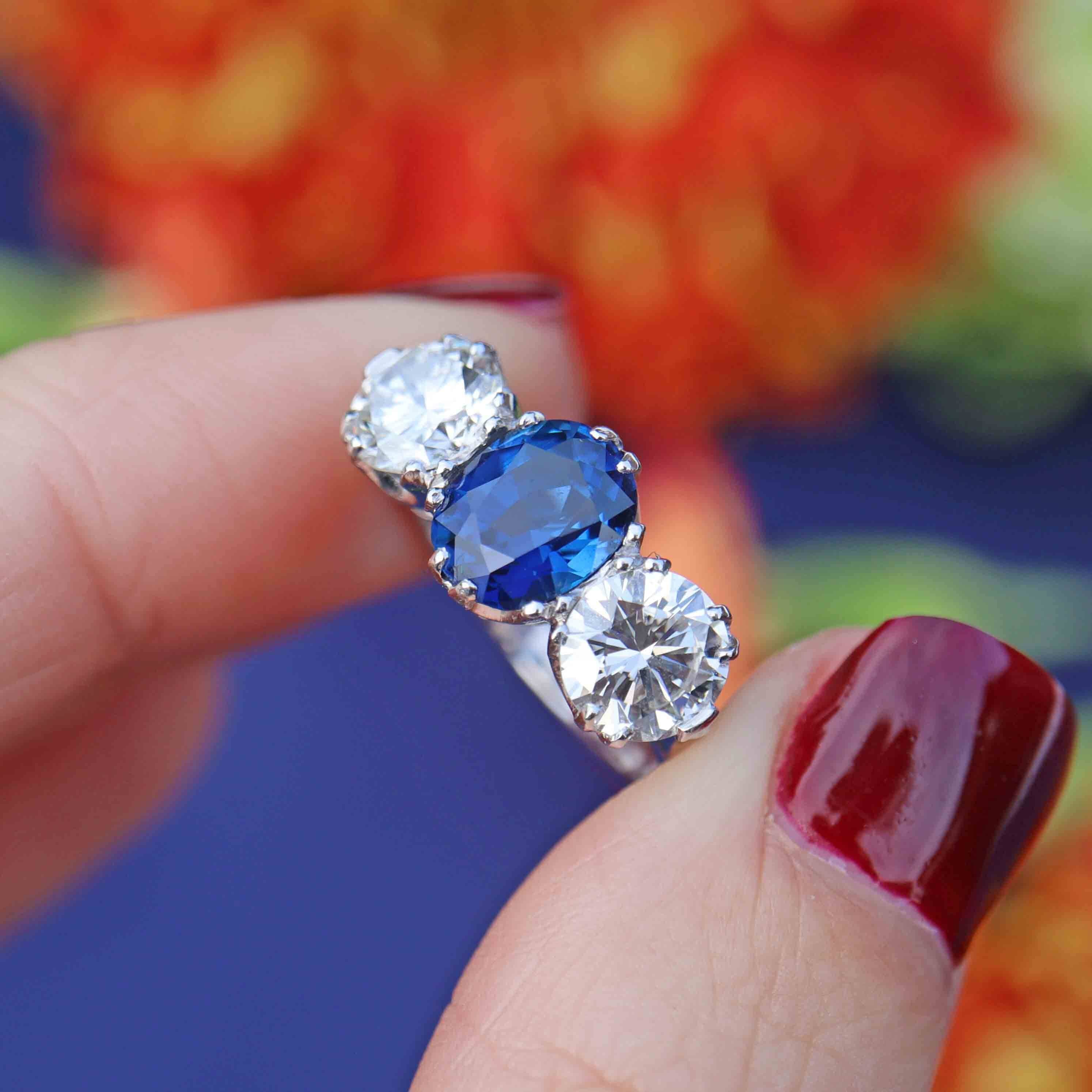 Ellibelle Jewellery Vintage Sapphire & Diamond 18ct White Gold Three-Stone Ring (2.10cts)