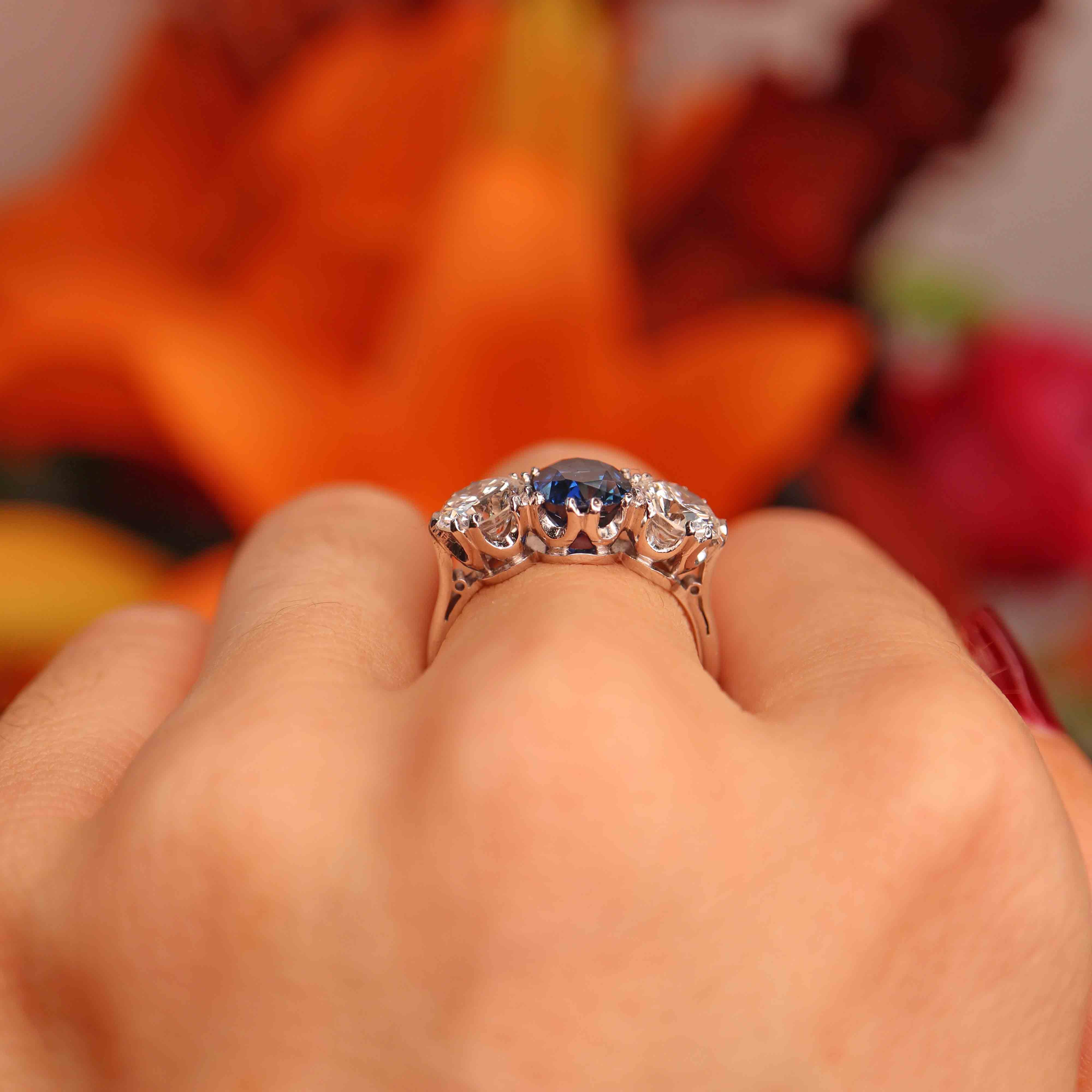 Ellibelle Jewellery Vintage Sapphire & Diamond 18ct White Gold Three-Stone Ring (2.10cts)