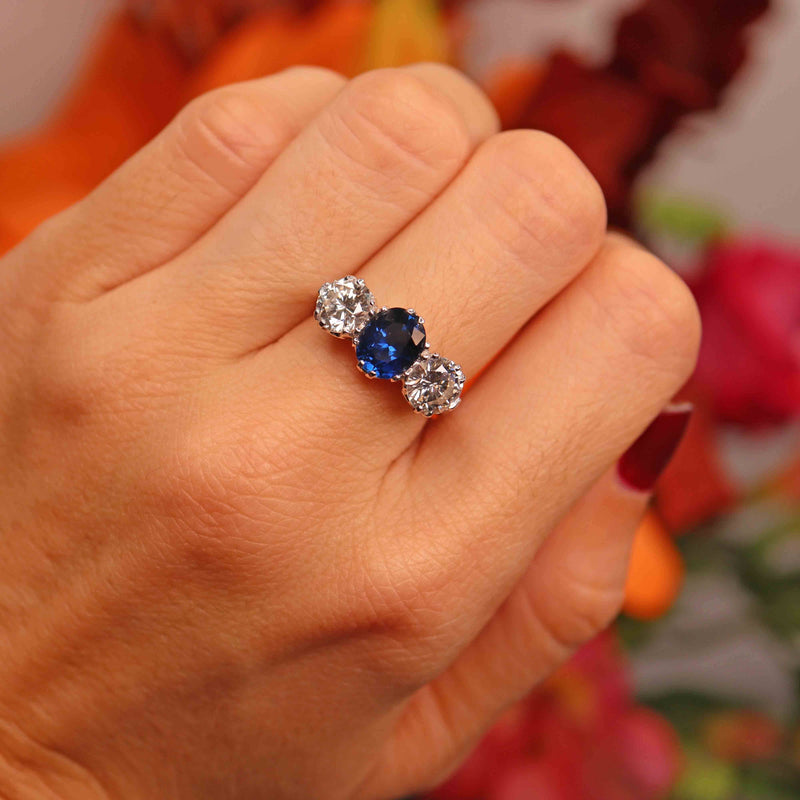 Ellibelle Jewellery Vintage Sapphire & Diamond 18ct White Gold Three-Stone Ring (2.10cts)