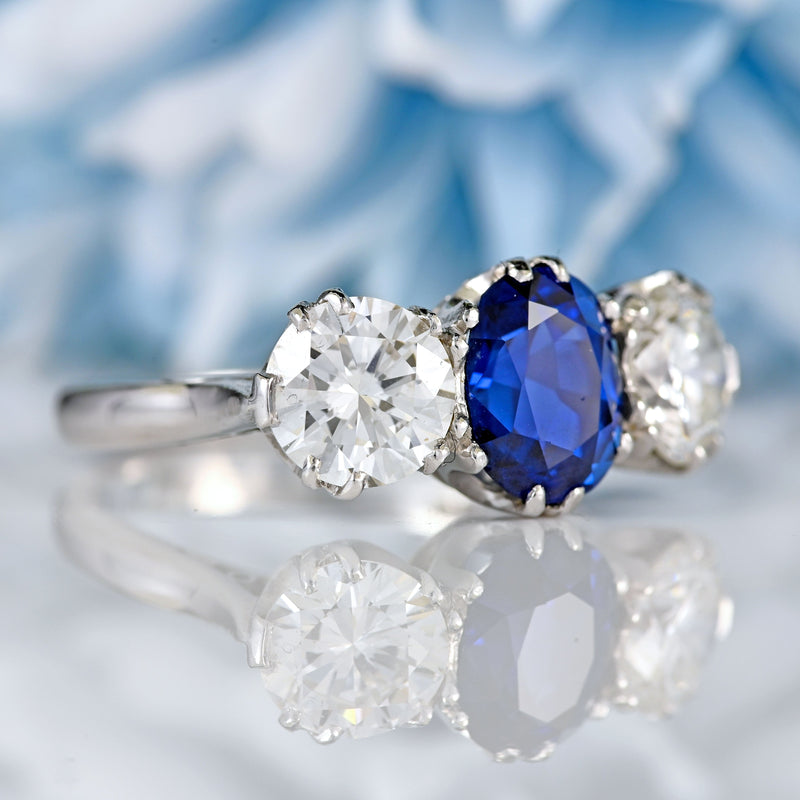 Ellibelle Jewellery Vintage Sapphire & Diamond 18ct White Gold Three-Stone Ring (2.10cts)