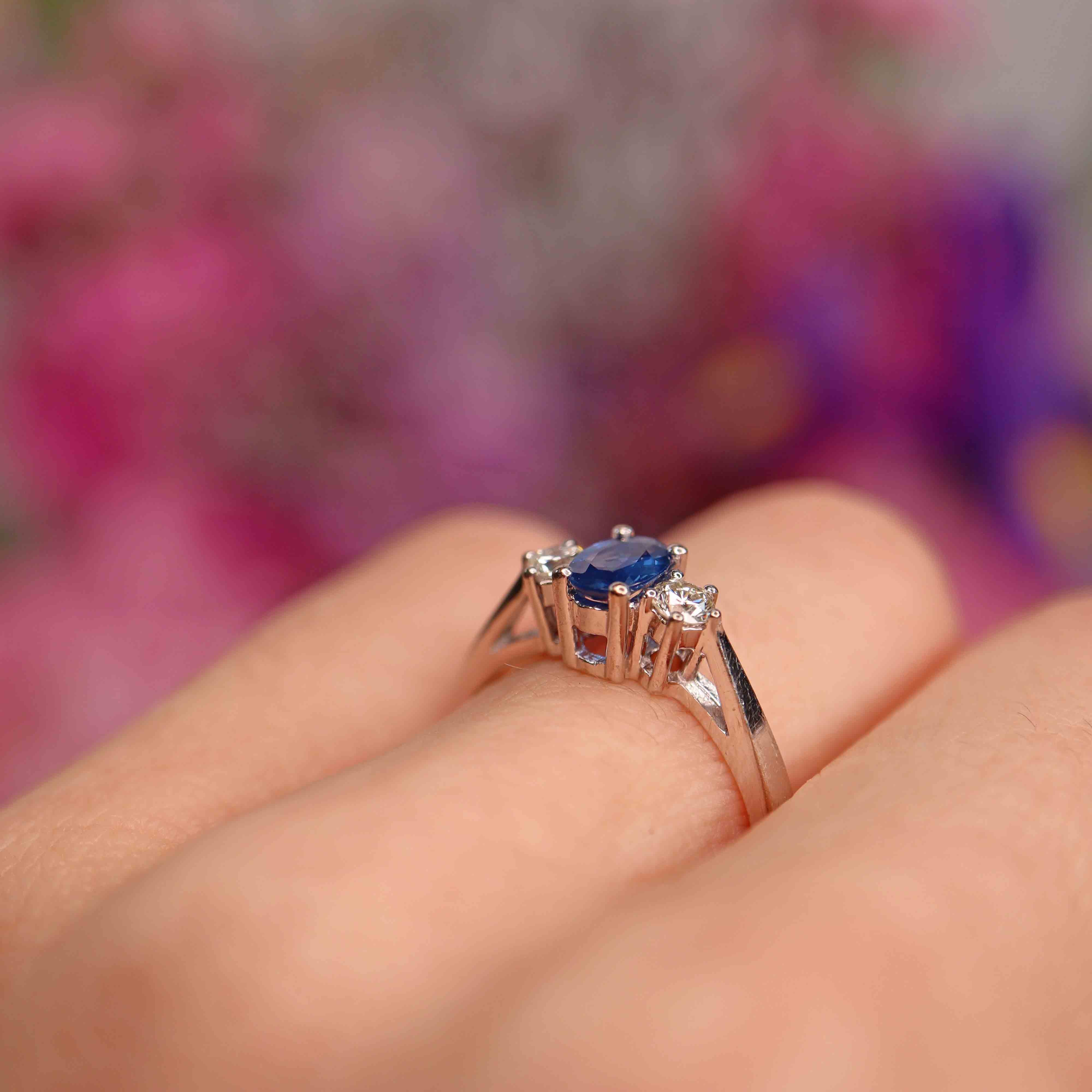 Ellibelle Jewellery Vintage Sapphire & Diamond 18ct White Gold Three-Stone Trilogy Engagement Ring