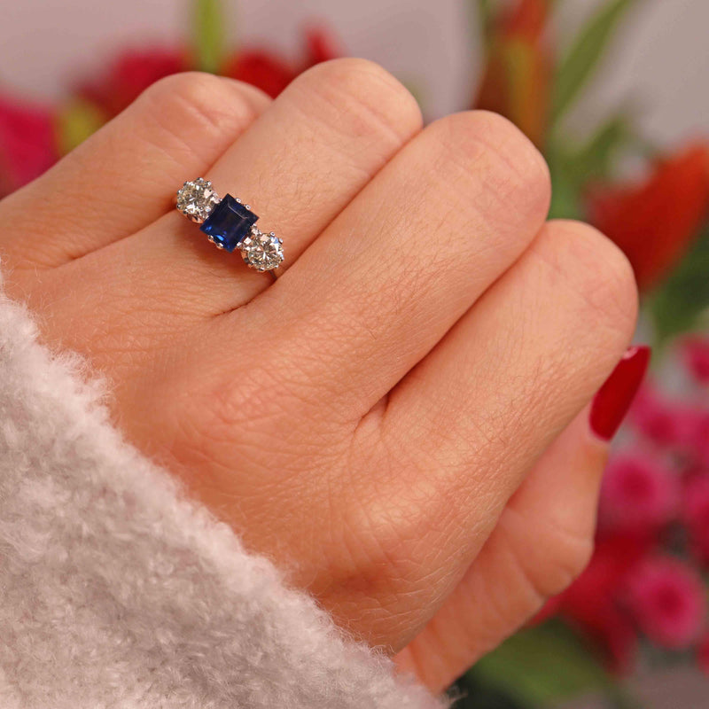 Ellibelle Jewellery Vintage Sapphire & Diamond Platinum Three-Stone Engagement Ring (0.78ct)