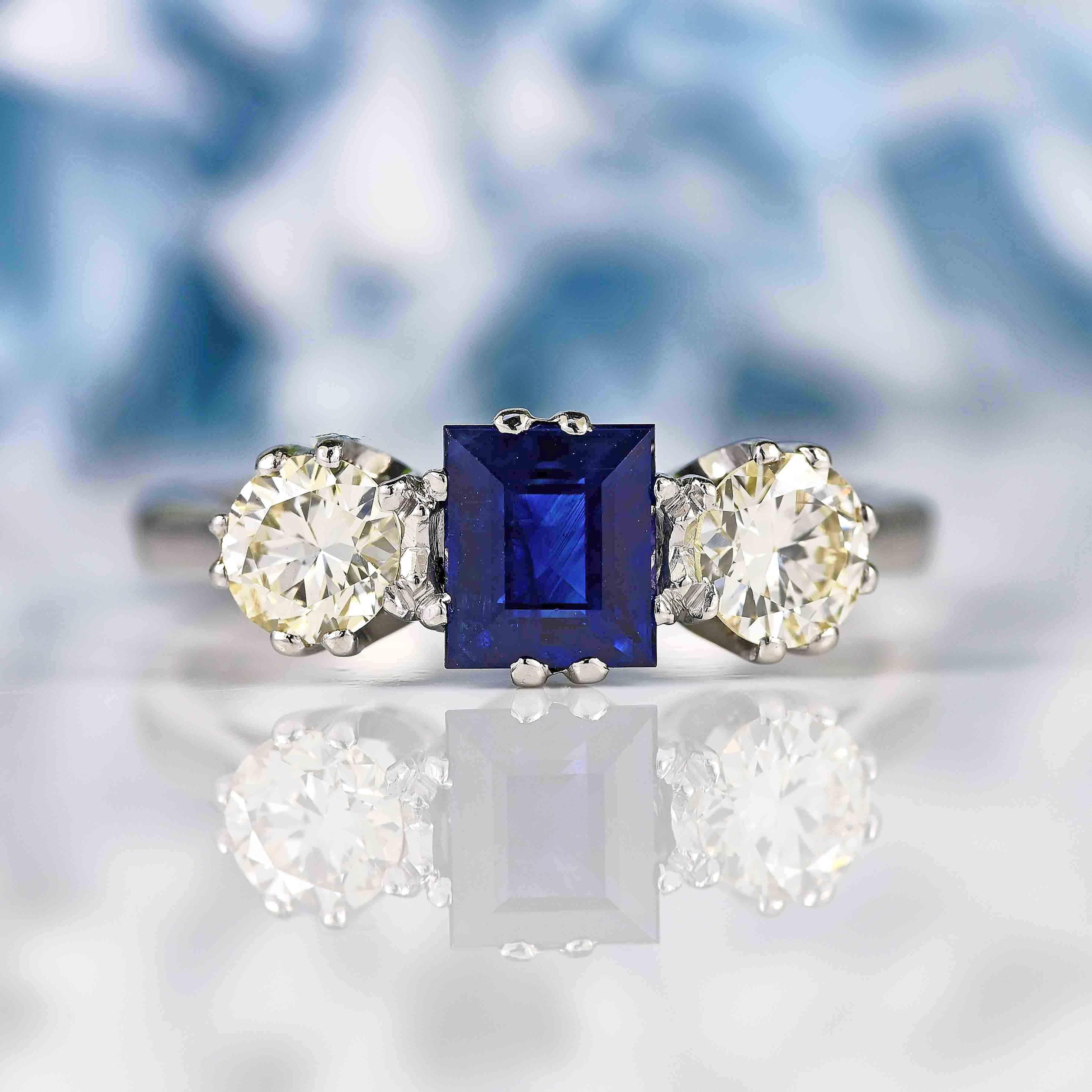 Ellibelle Jewellery Vintage Sapphire & Diamond Platinum Three-Stone Engagement Ring (0.78ct)