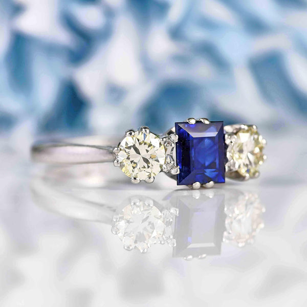 Ellibelle Jewellery Vintage Sapphire & Diamond Platinum Three-Stone Engagement Ring (0.78ct)