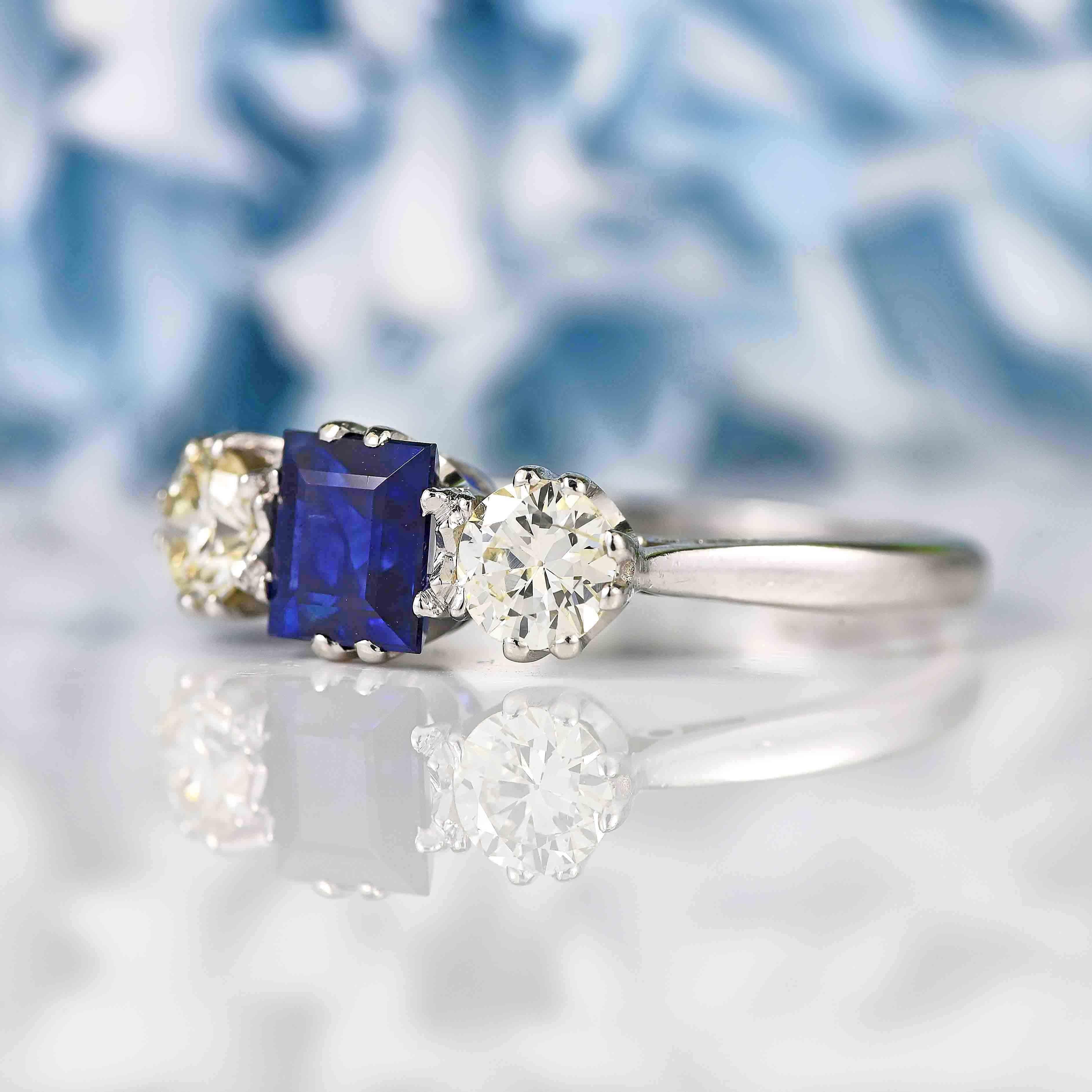 Ellibelle Jewellery Vintage Sapphire & Diamond Platinum Three-Stone Engagement Ring (0.78ct)