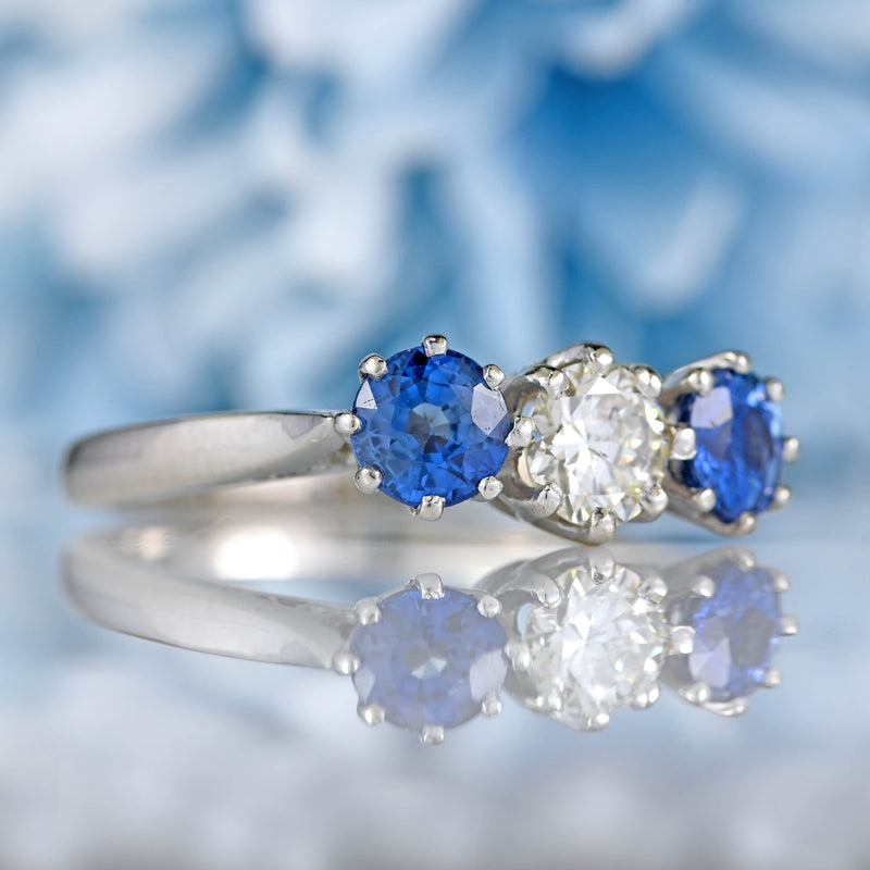 Ellibelle Jewellery Vintage Sapphire & Diamond Platinum Three-Stone Engagement Ring