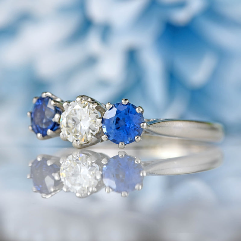 Ellibelle Jewellery Vintage Sapphire & Diamond Platinum Three-Stone Engagement Ring