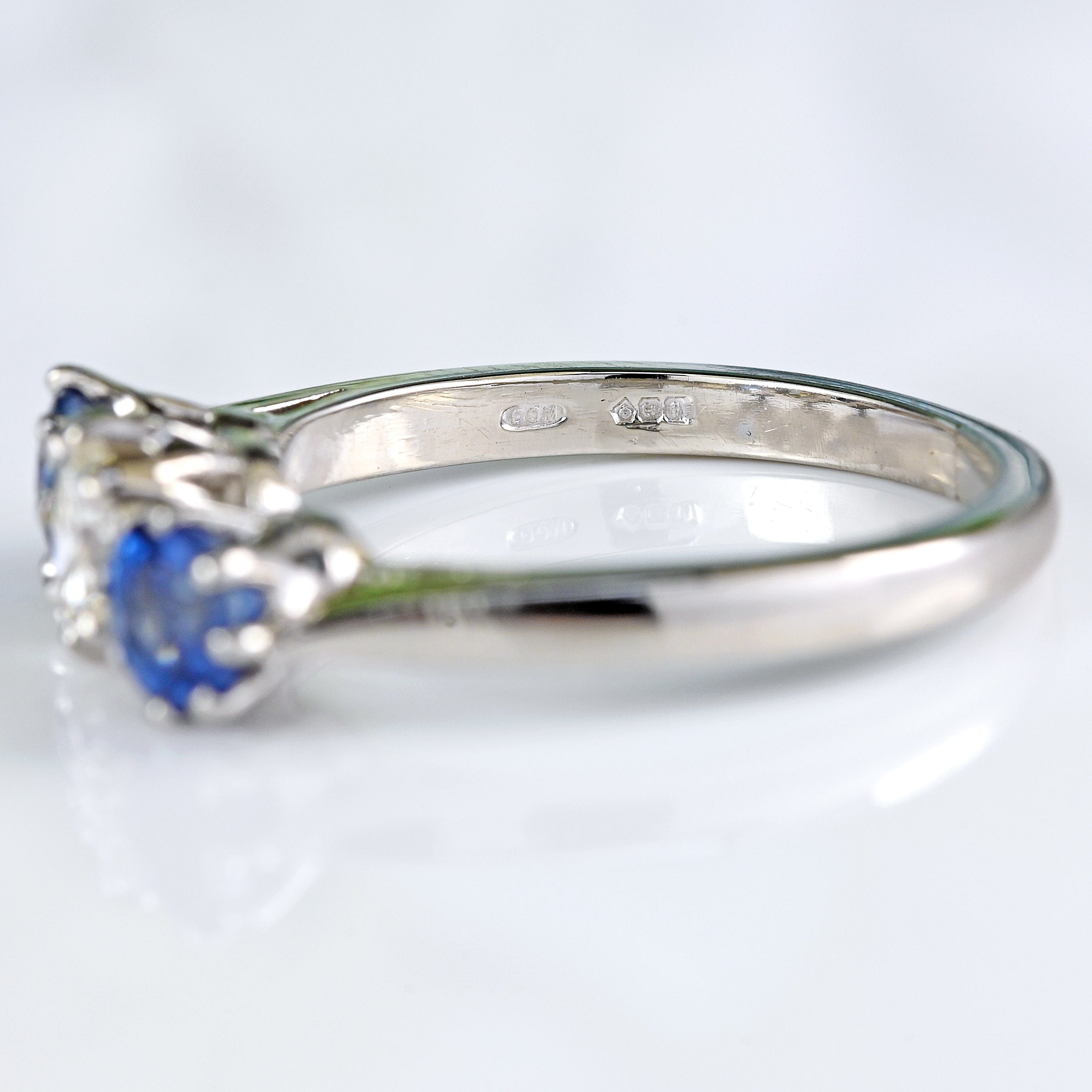 Ellibelle Jewellery Vintage Sapphire & Diamond Platinum Three-Stone Engagement Ring
