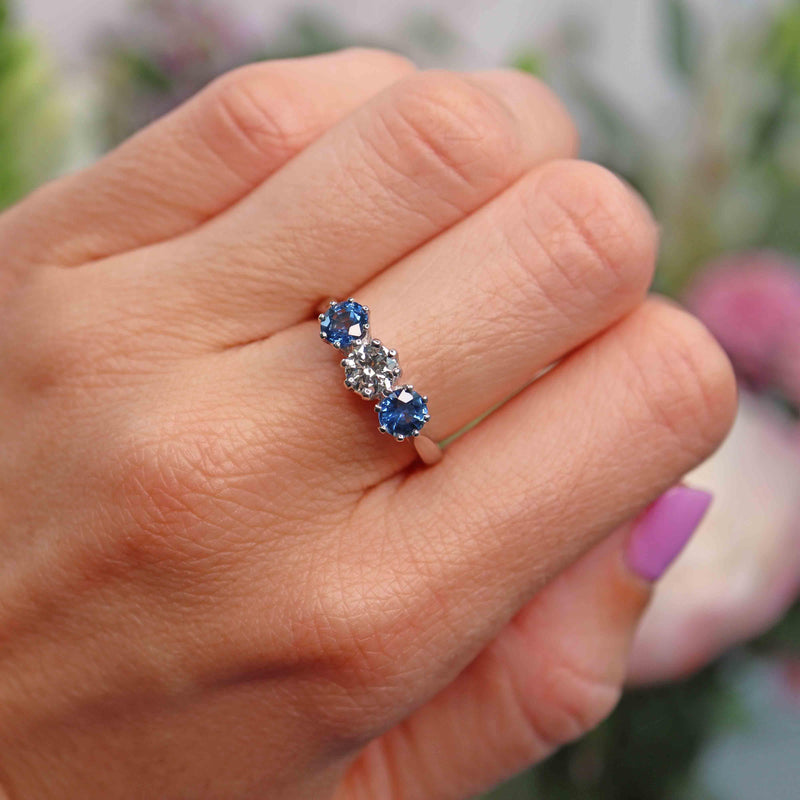 Ellibelle Jewellery Vintage Sapphire & Diamond Platinum Three-Stone Engagement Ring