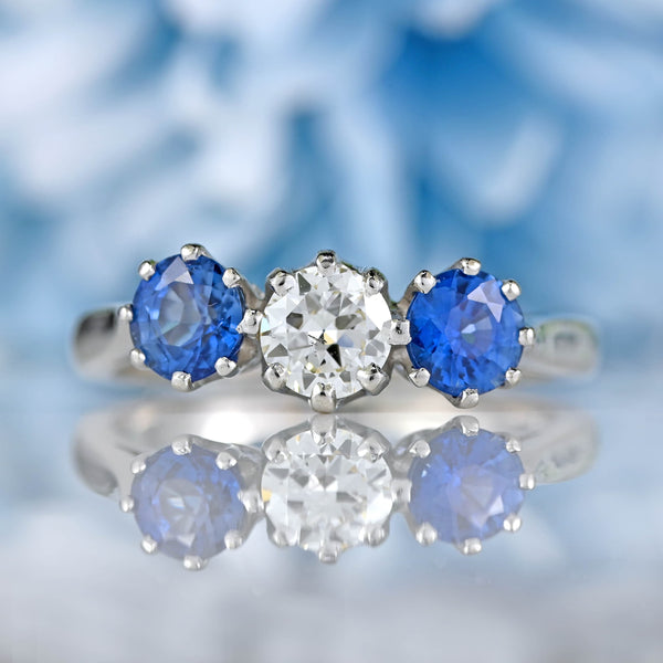 Ellibelle Jewellery Vintage Sapphire & Diamond Platinum Three-Stone Engagement Ring