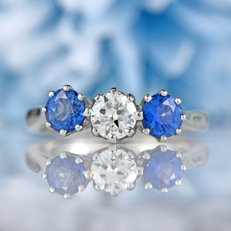 Ellibelle Jewellery Vintage Sapphire & Diamond Platinum Three-Stone Engagement Ring