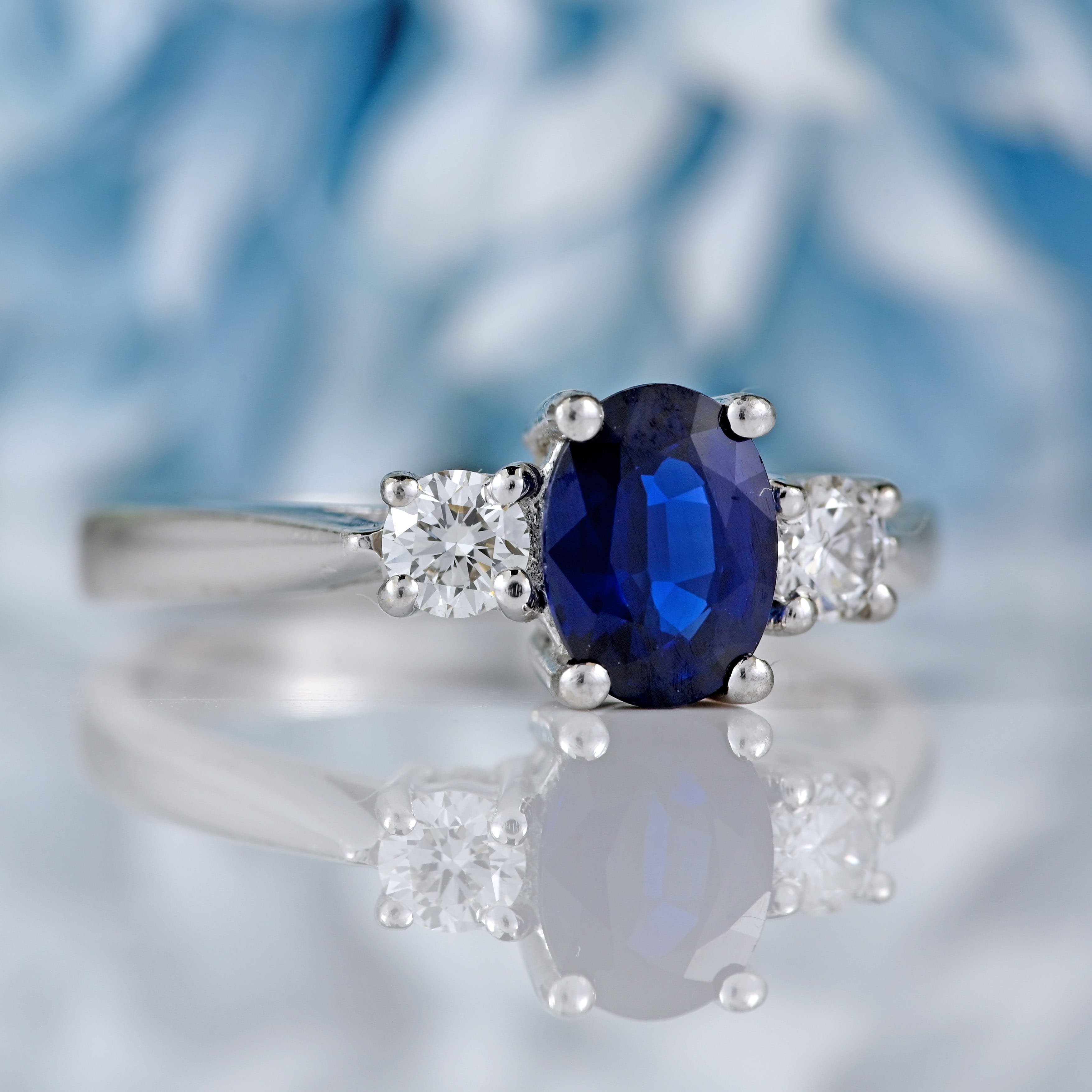 Ellibelle Jewellery Vintage Sapphire & Diamond Platinum Three-Stone Trilogy Ring