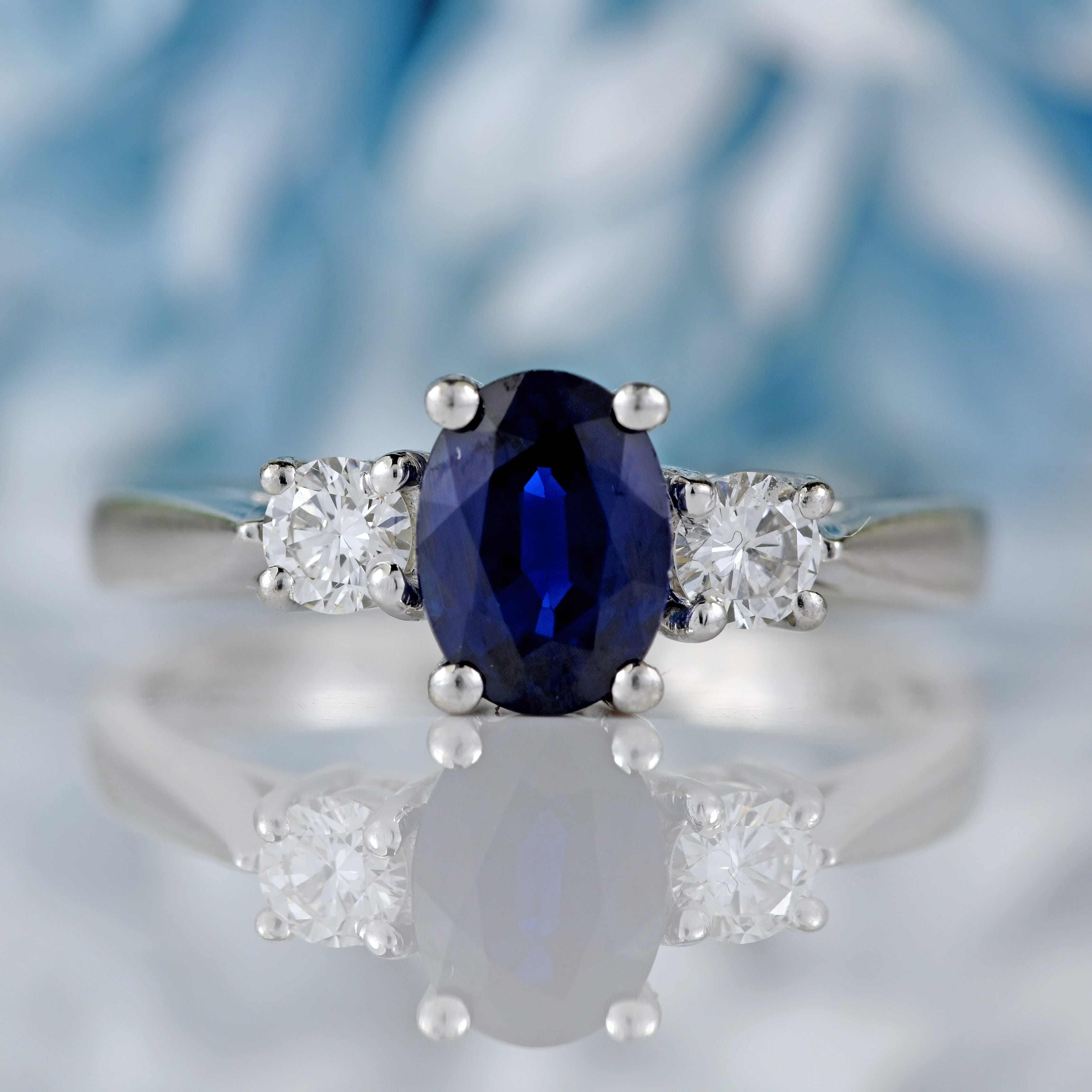 Ellibelle Jewellery Vintage Sapphire & Diamond Platinum Three-Stone Trilogy Ring