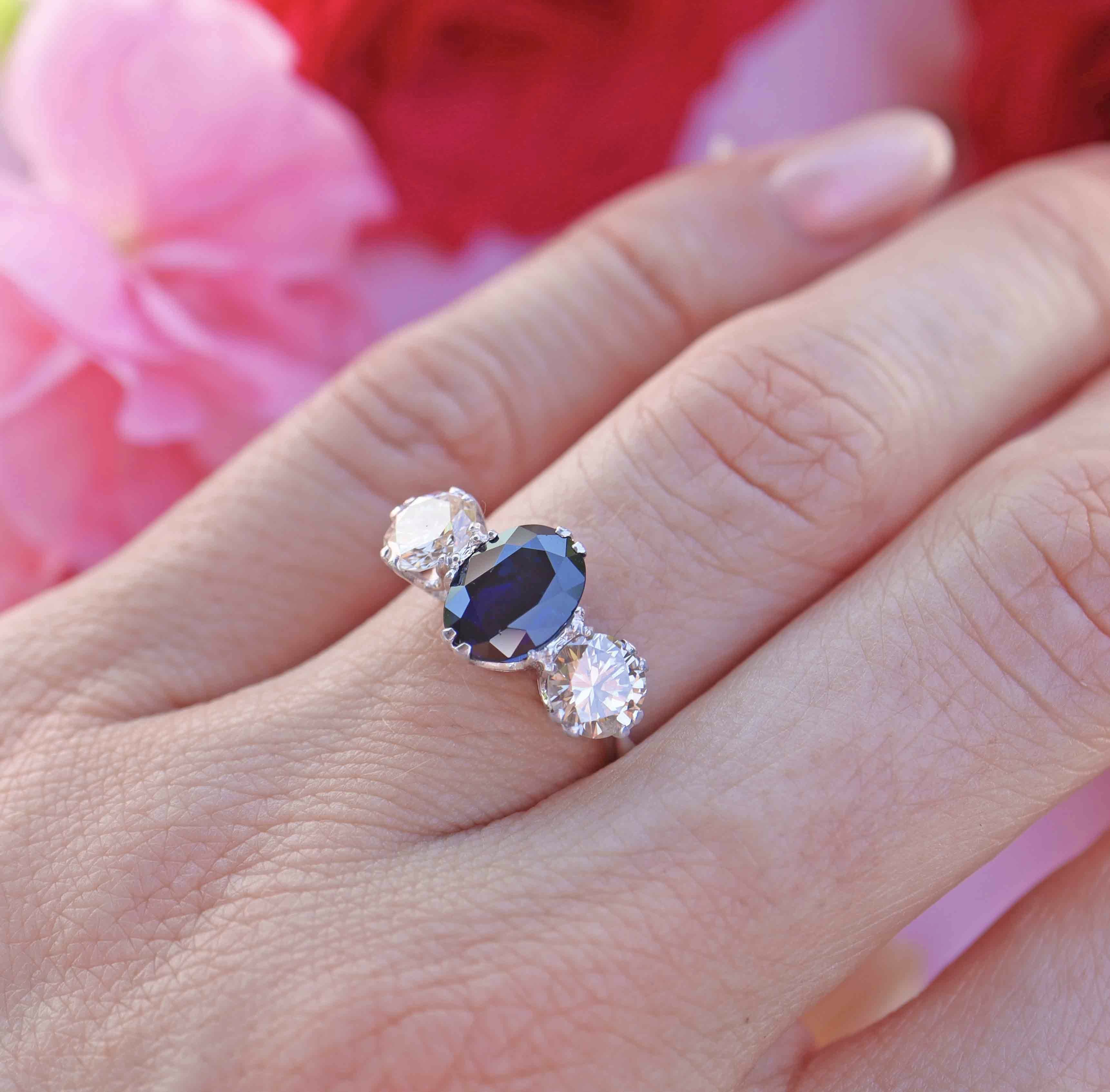 Ellibelle Jewellery Vintage Sapphire & Diamond Platinum Three-Stone Trilogy Ring (2.50cts)