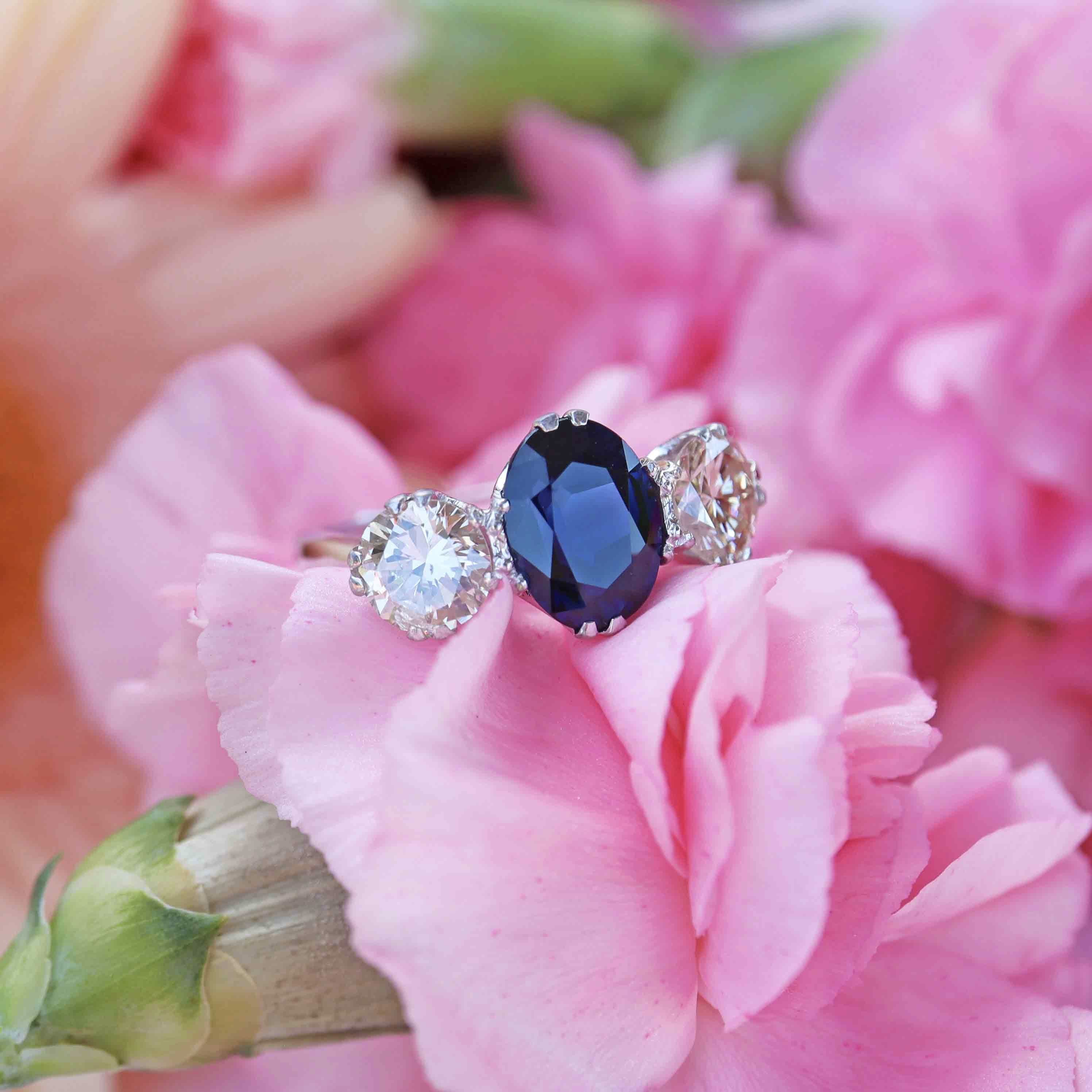 Ellibelle Jewellery Vintage Sapphire & Diamond Platinum Three-Stone Trilogy Ring (2.50cts)