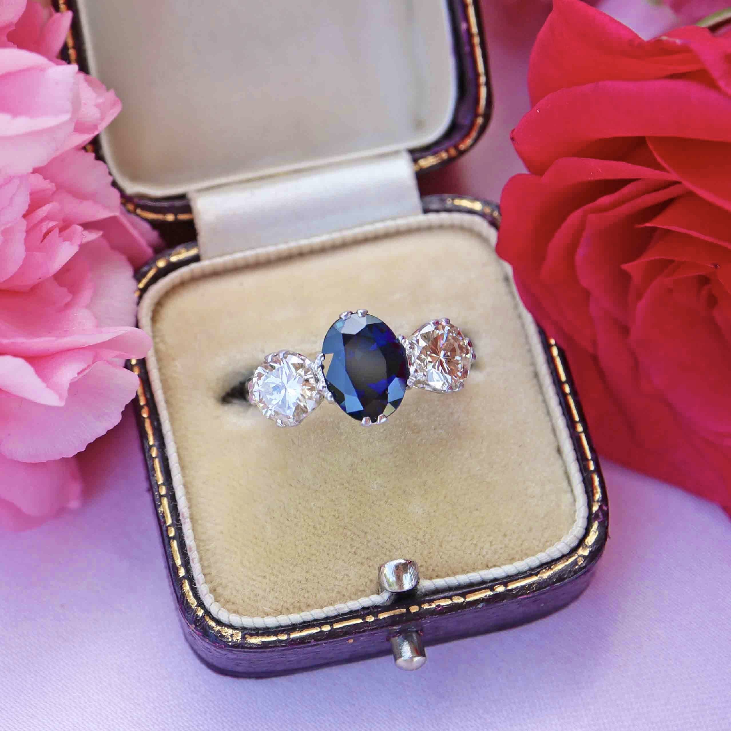 Ellibelle Jewellery Vintage Sapphire & Diamond Platinum Three-Stone Trilogy Ring (2.50cts)