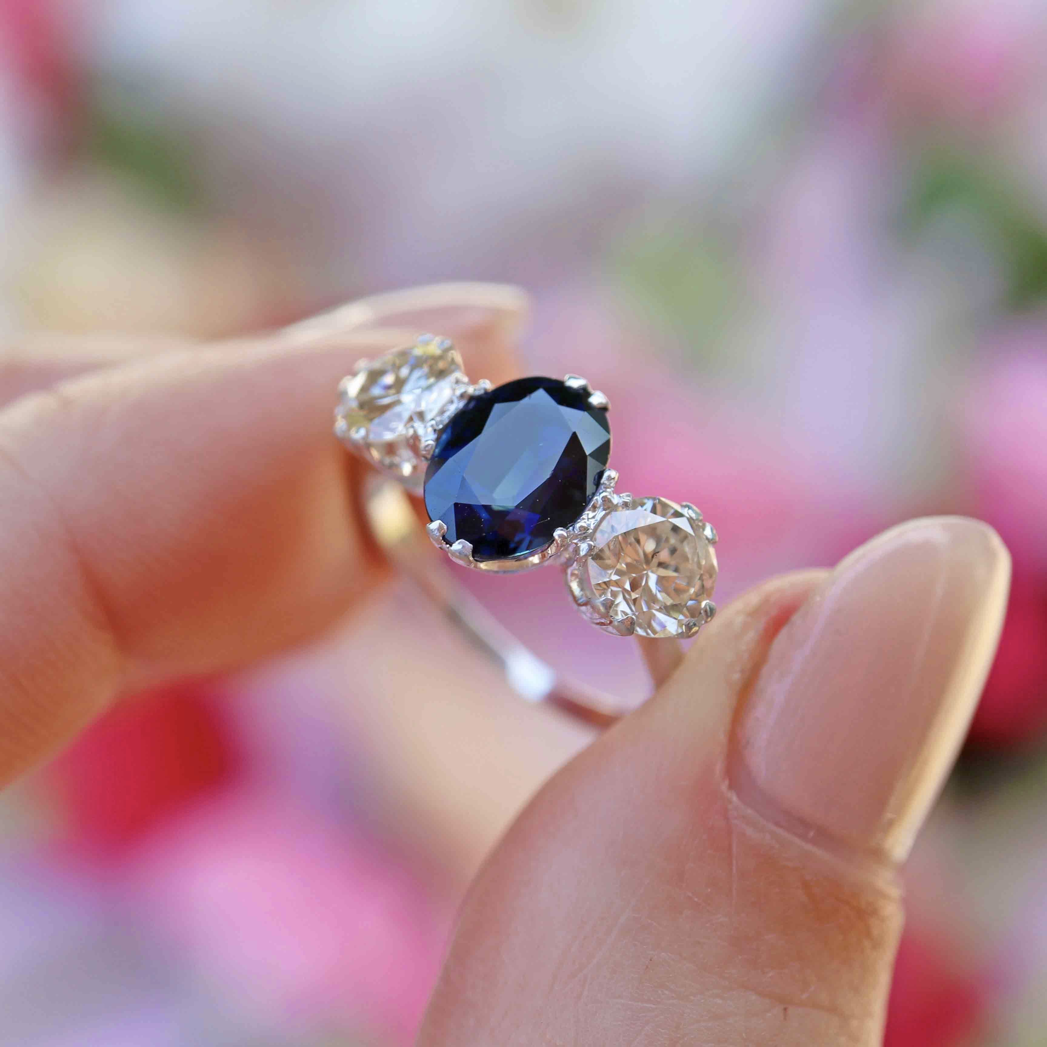 Ellibelle Jewellery Vintage Sapphire & Diamond Platinum Three-Stone Trilogy Ring (2.50cts)