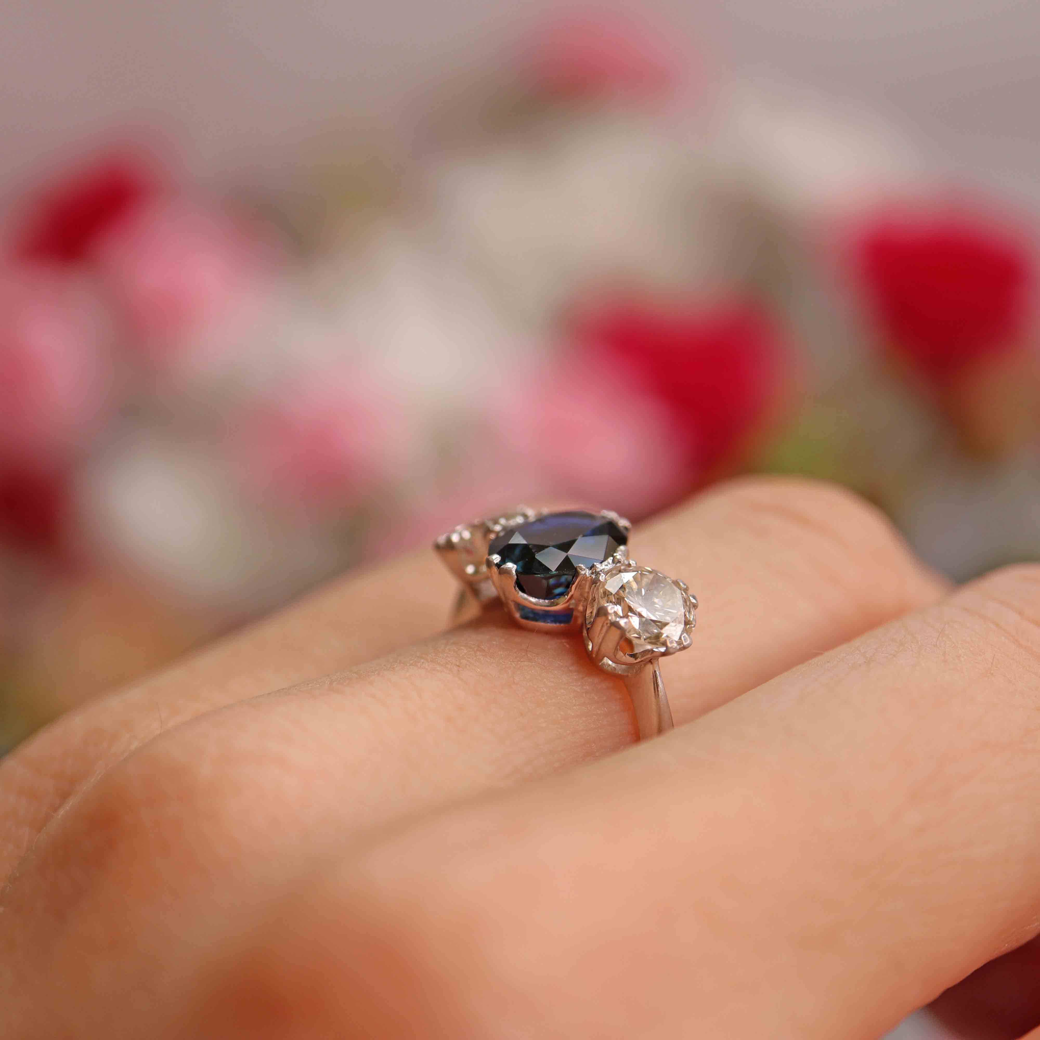 Ellibelle Jewellery Vintage Sapphire & Diamond Platinum Three-Stone Trilogy Ring (2.50cts)