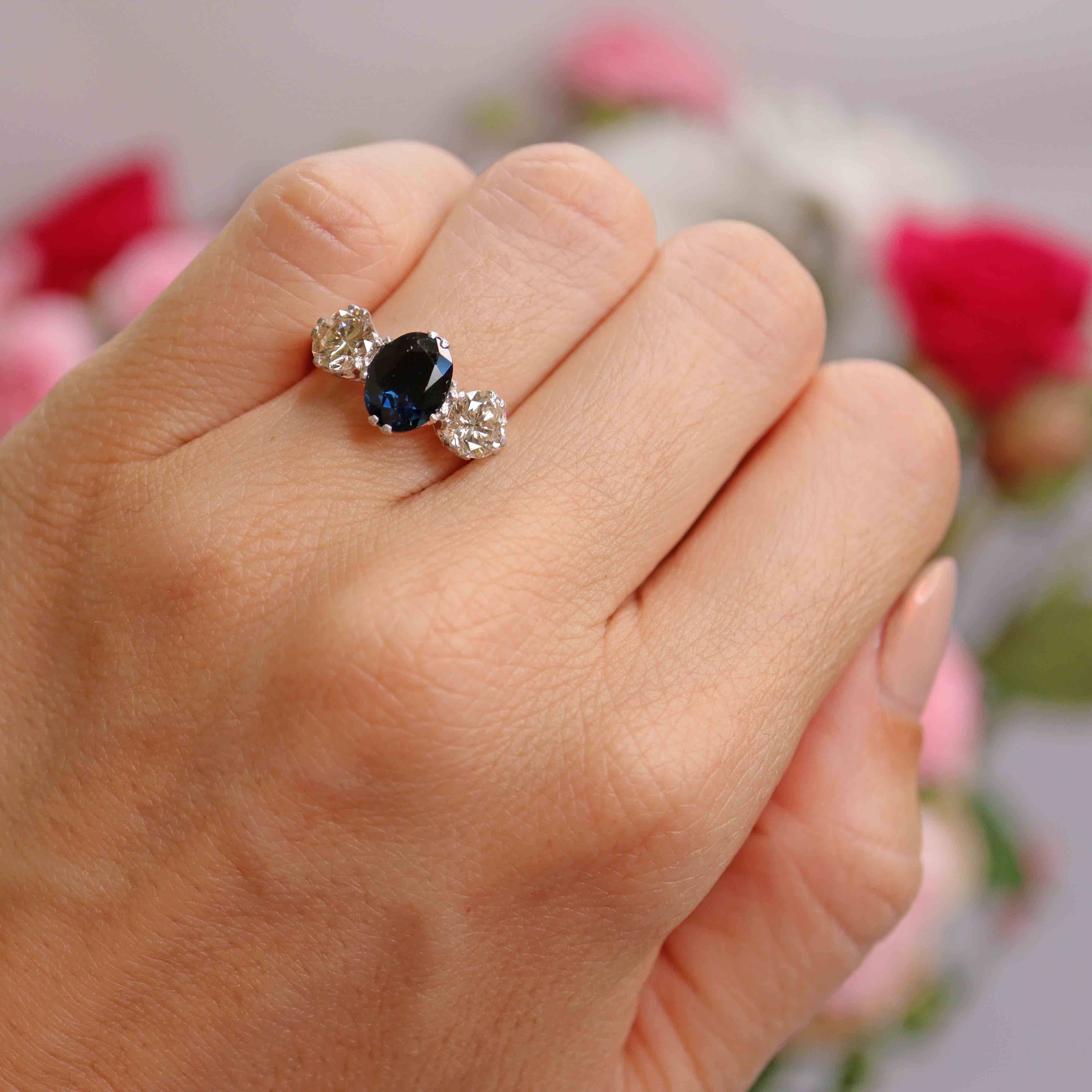 Ellibelle Jewellery Vintage Sapphire & Diamond Platinum Three-Stone Trilogy Ring (2.50cts)