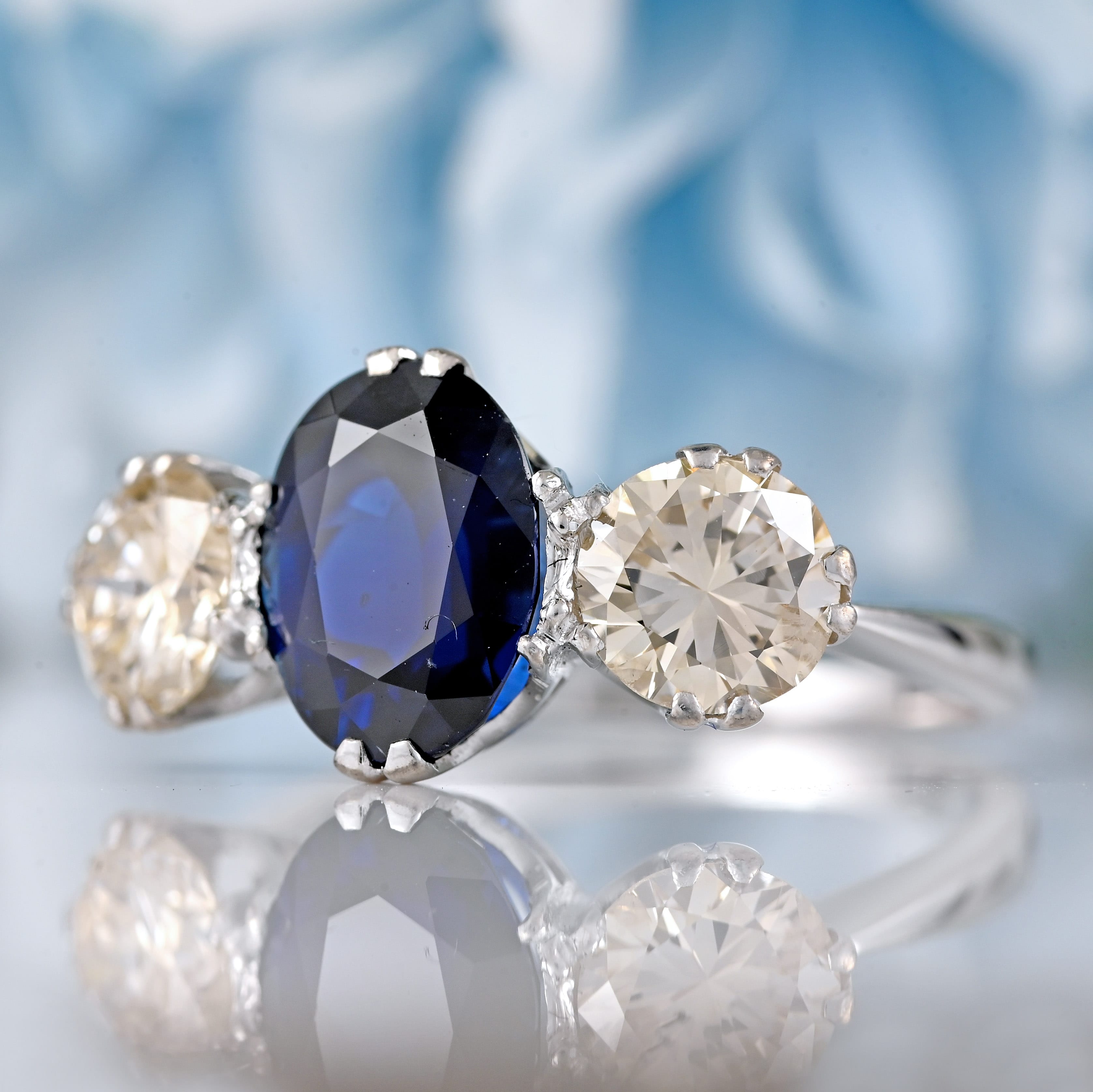 Ellibelle Jewellery Vintage Sapphire & Diamond Platinum Three-Stone Trilogy Ring (2.50cts)