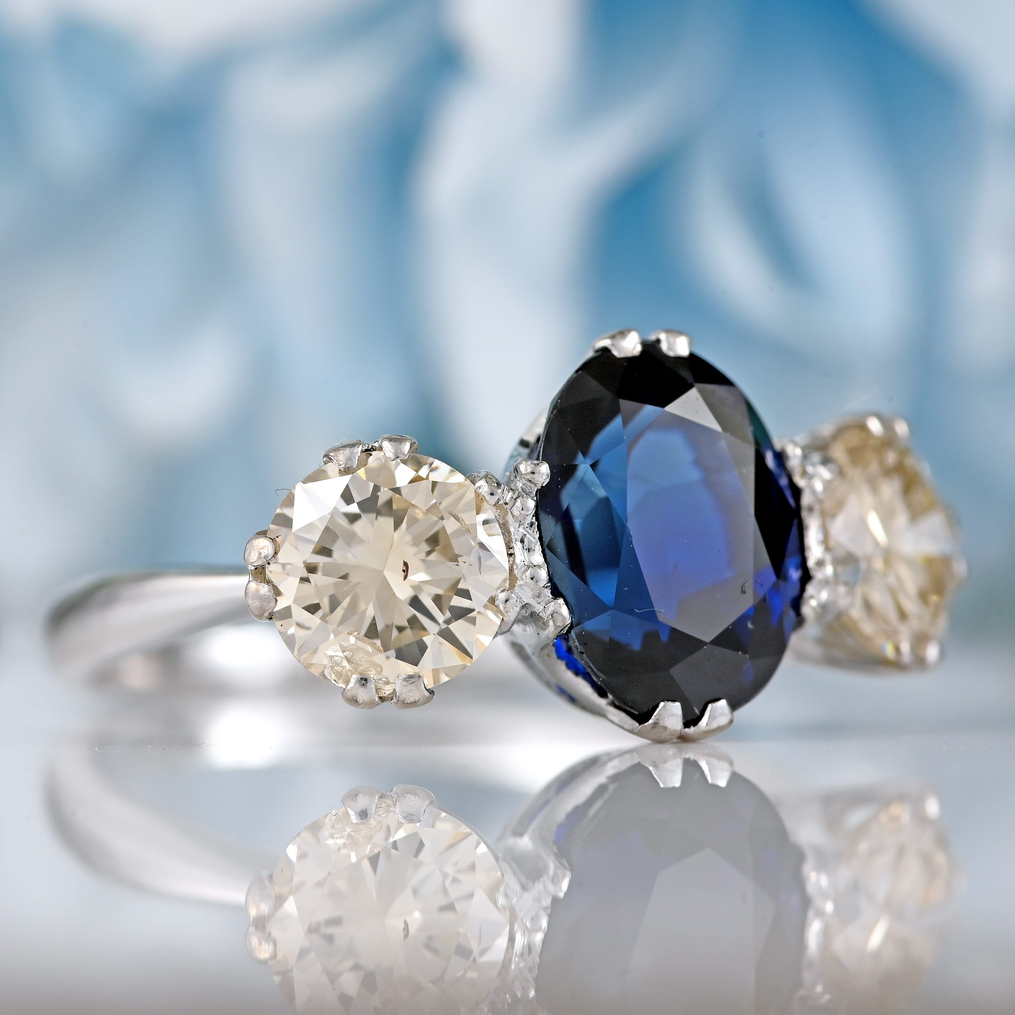 Ellibelle Jewellery Vintage Sapphire & Diamond Platinum Three-Stone Trilogy Ring (2.50cts)