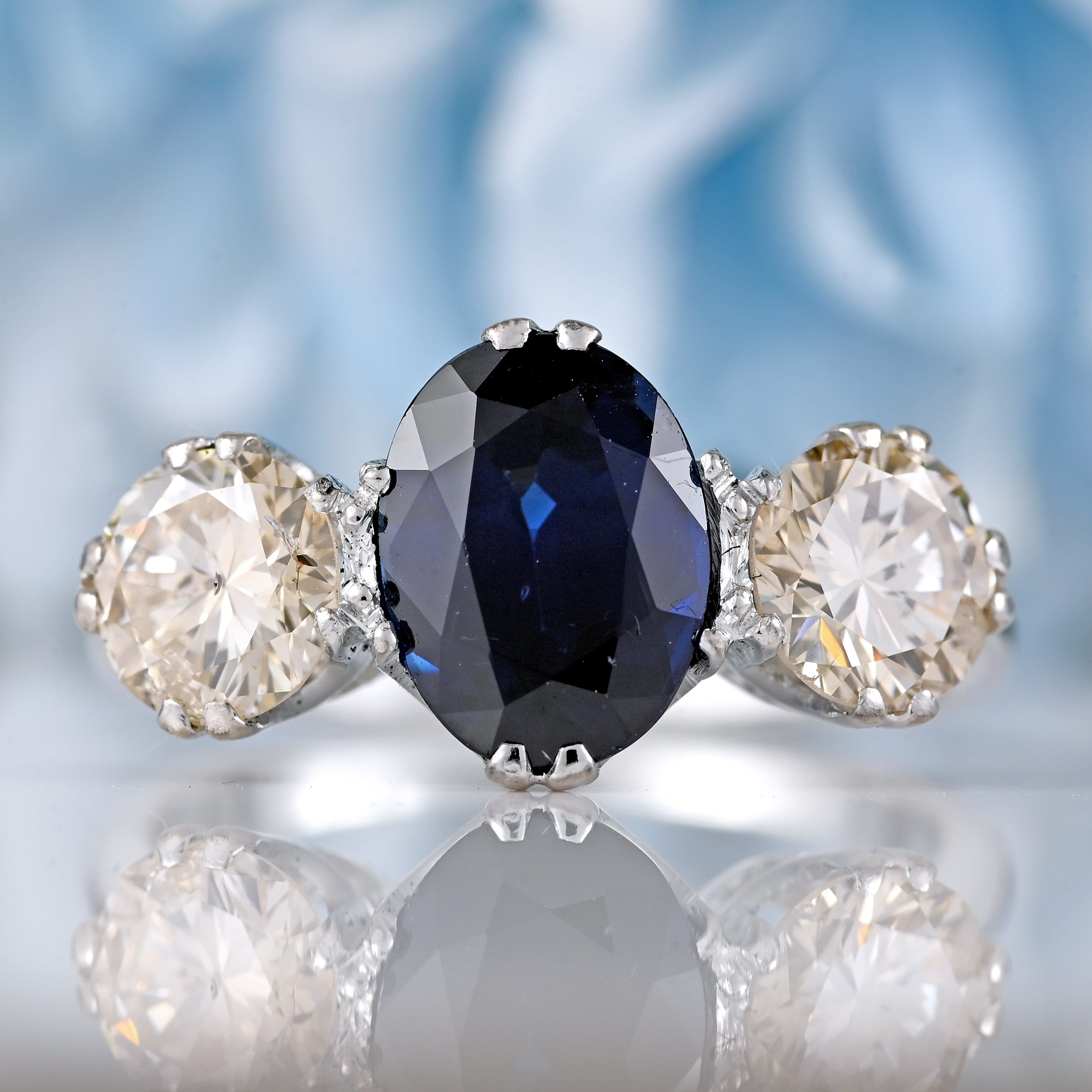 Ellibelle Jewellery Vintage Sapphire & Diamond Platinum Three-Stone Trilogy Ring (2.50cts)
