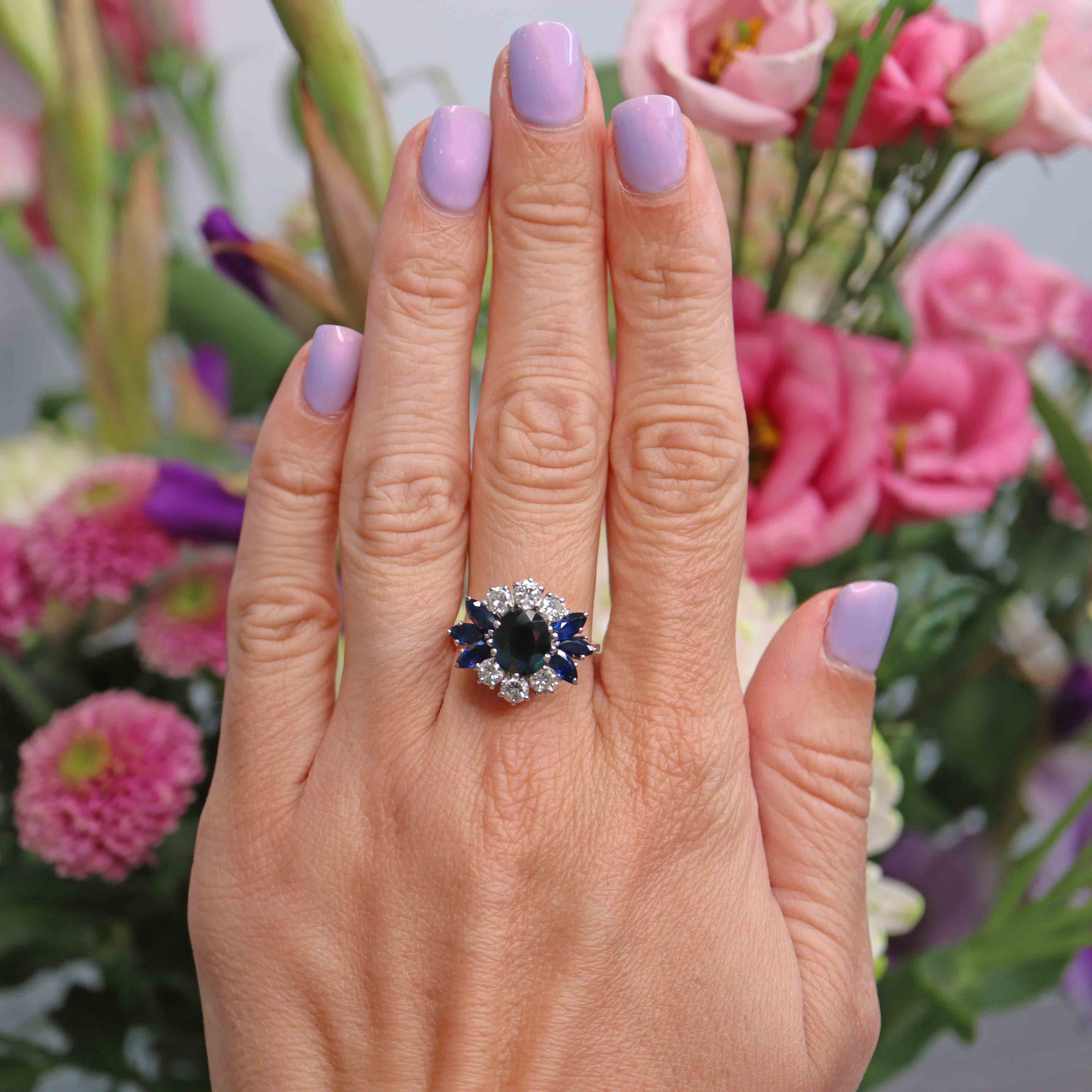 Ellibelle Jewellery Vintage Sapphire & Diamond White Gold Cluster Dress Ring