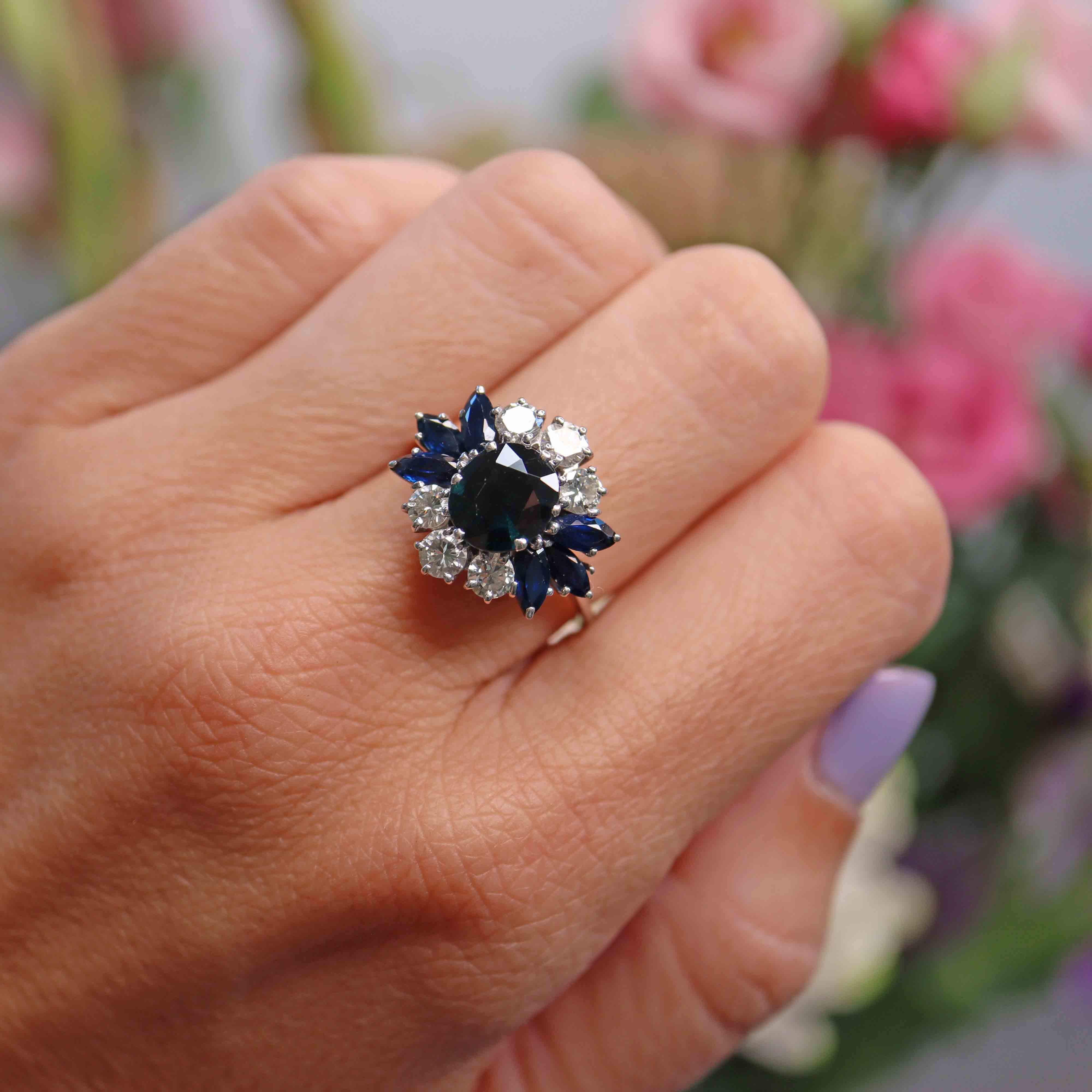 Ellibelle Jewellery Vintage Sapphire & Diamond White Gold Cluster Dress Ring