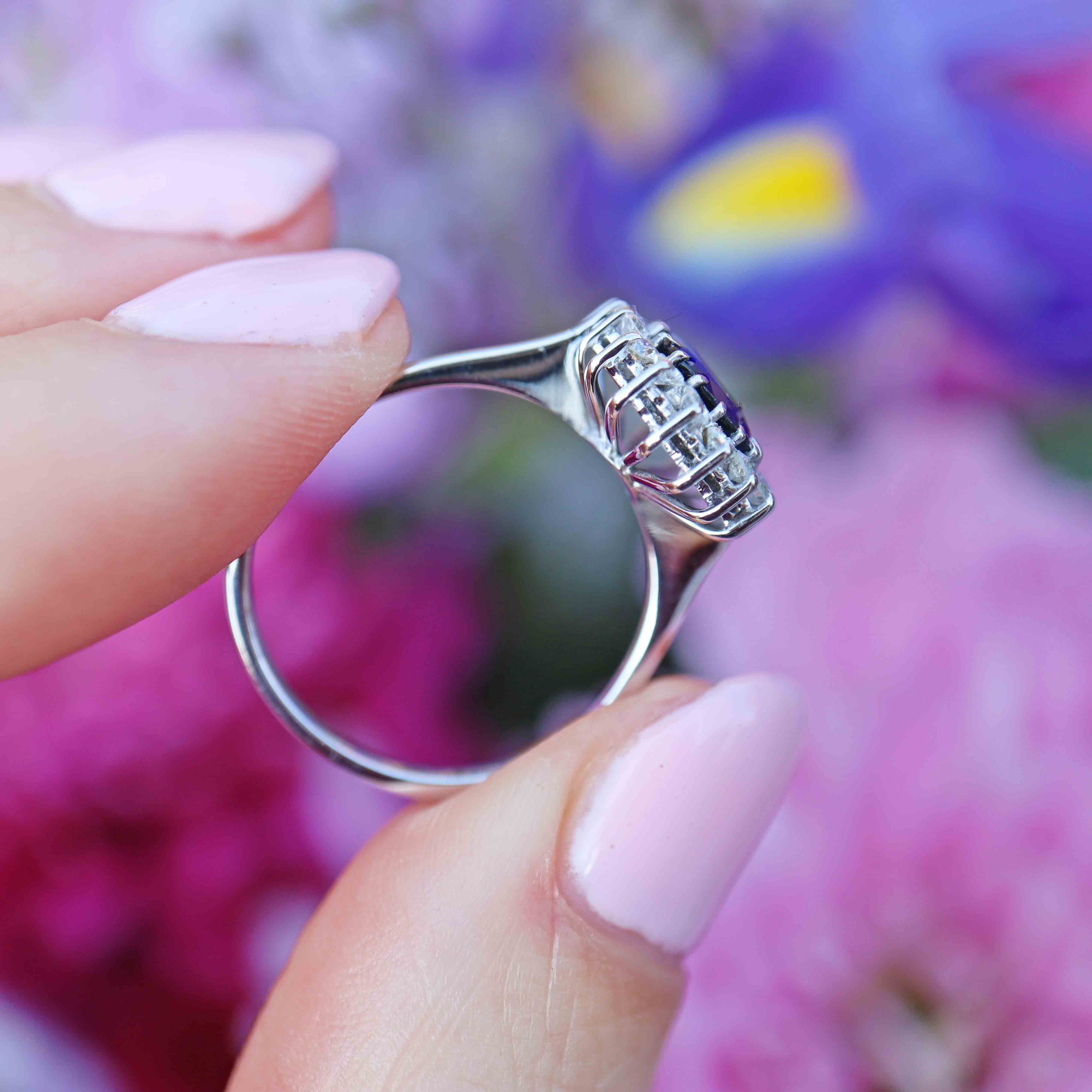 Ellibelle Jewellery Vintage Sapphire & Diamond White Gold Cluster Engagement Ring (1.70cts)