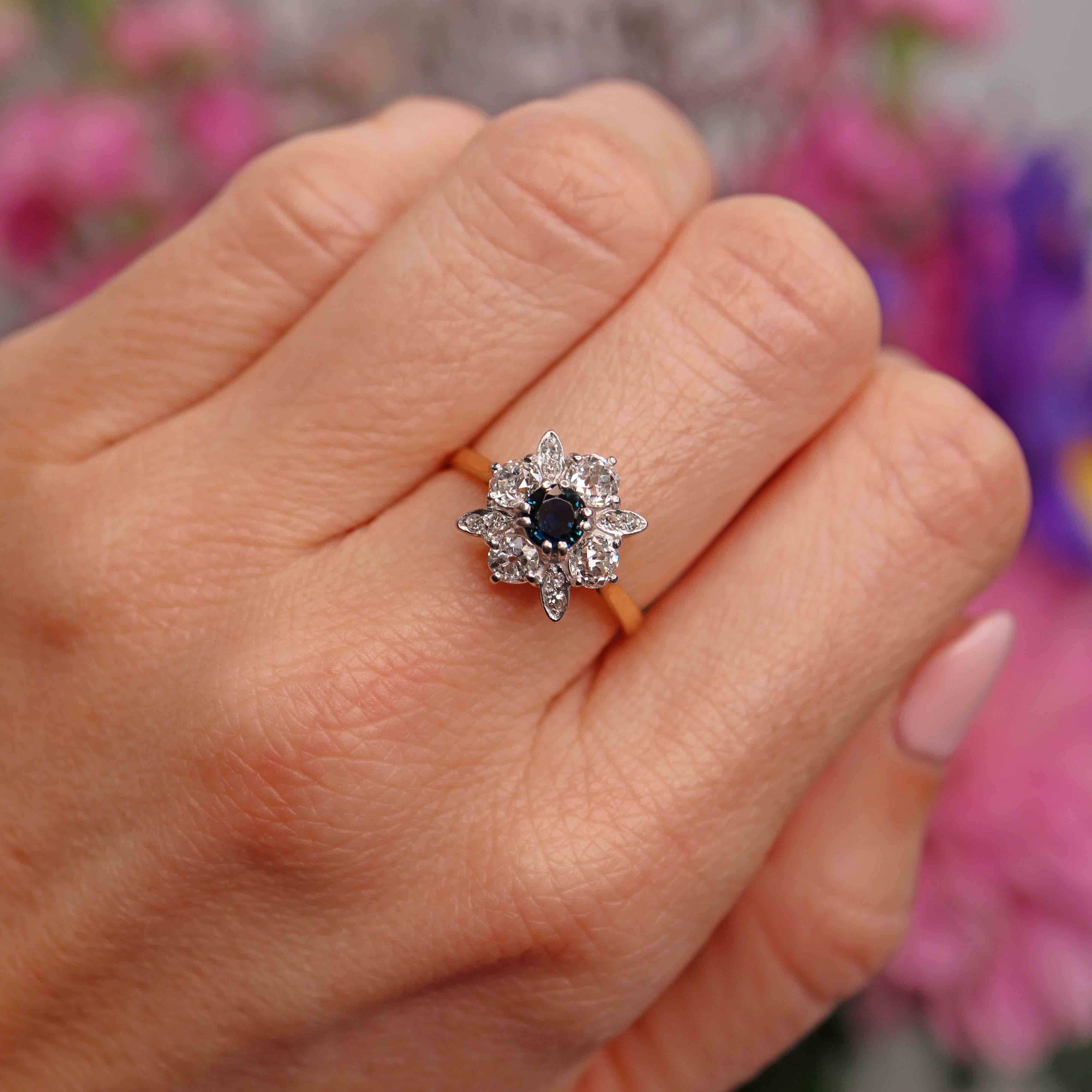 Ellibelle Jewellery Vintage Sapphire & Old-Cut Diamond 18ct Gold Daisy Cluster Ring