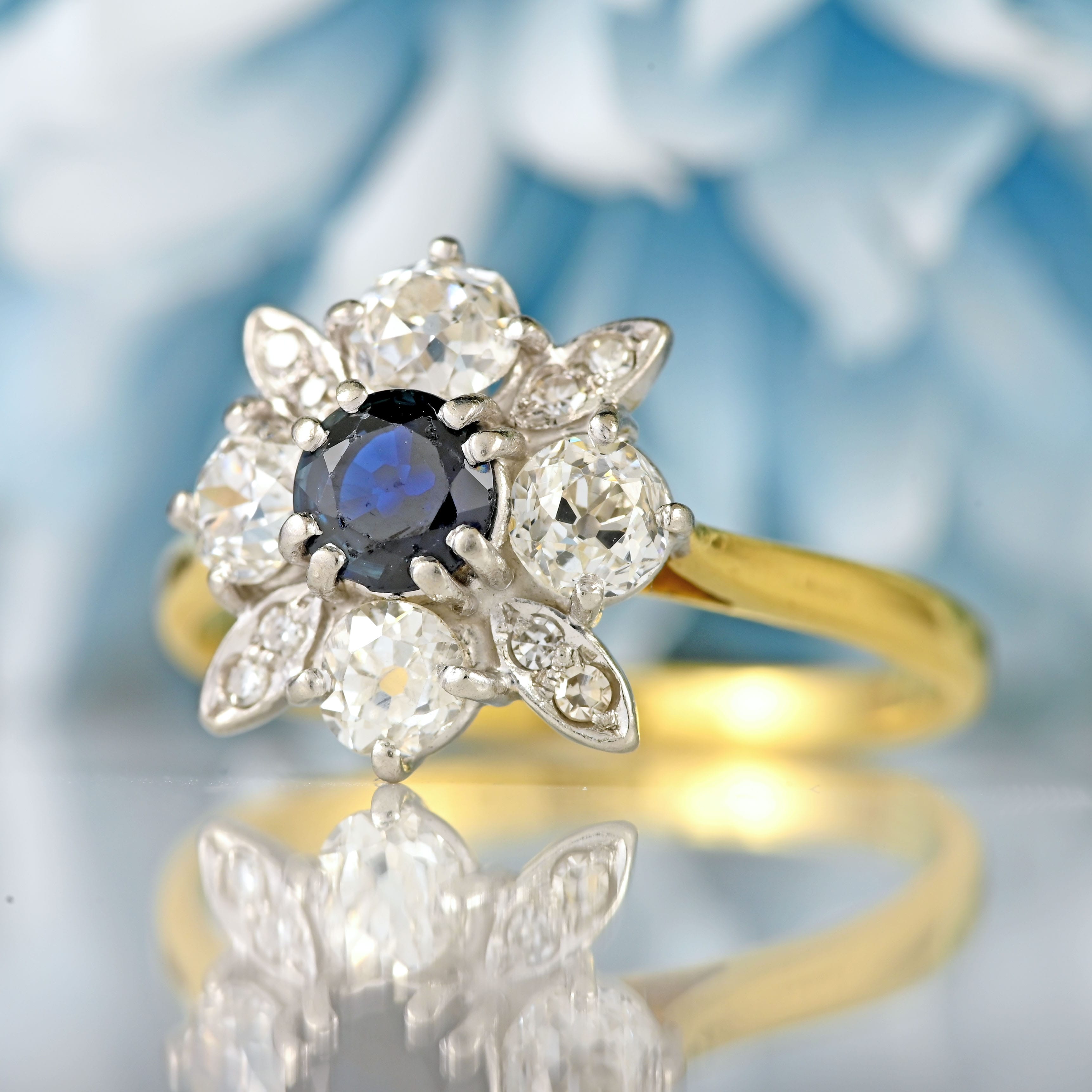 Ellibelle Jewellery Vintage Sapphire & Old-Cut Diamond 18ct Gold Daisy Cluster Ring